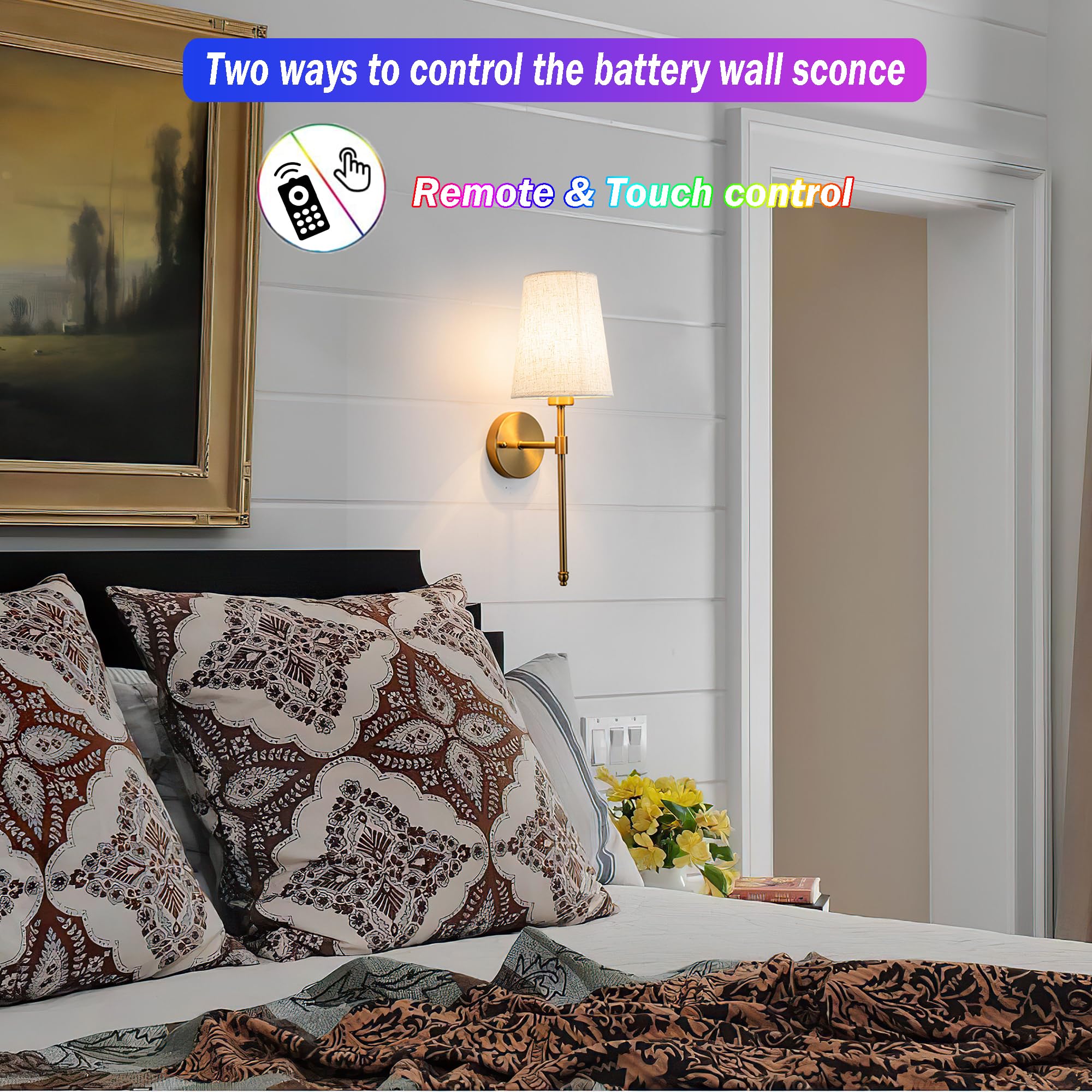 Battery Operated Wall Sconces Set Of 2 With Remote - Dimmable Wireless Wall Lights For Bathroom, Bedroom, No Wiring