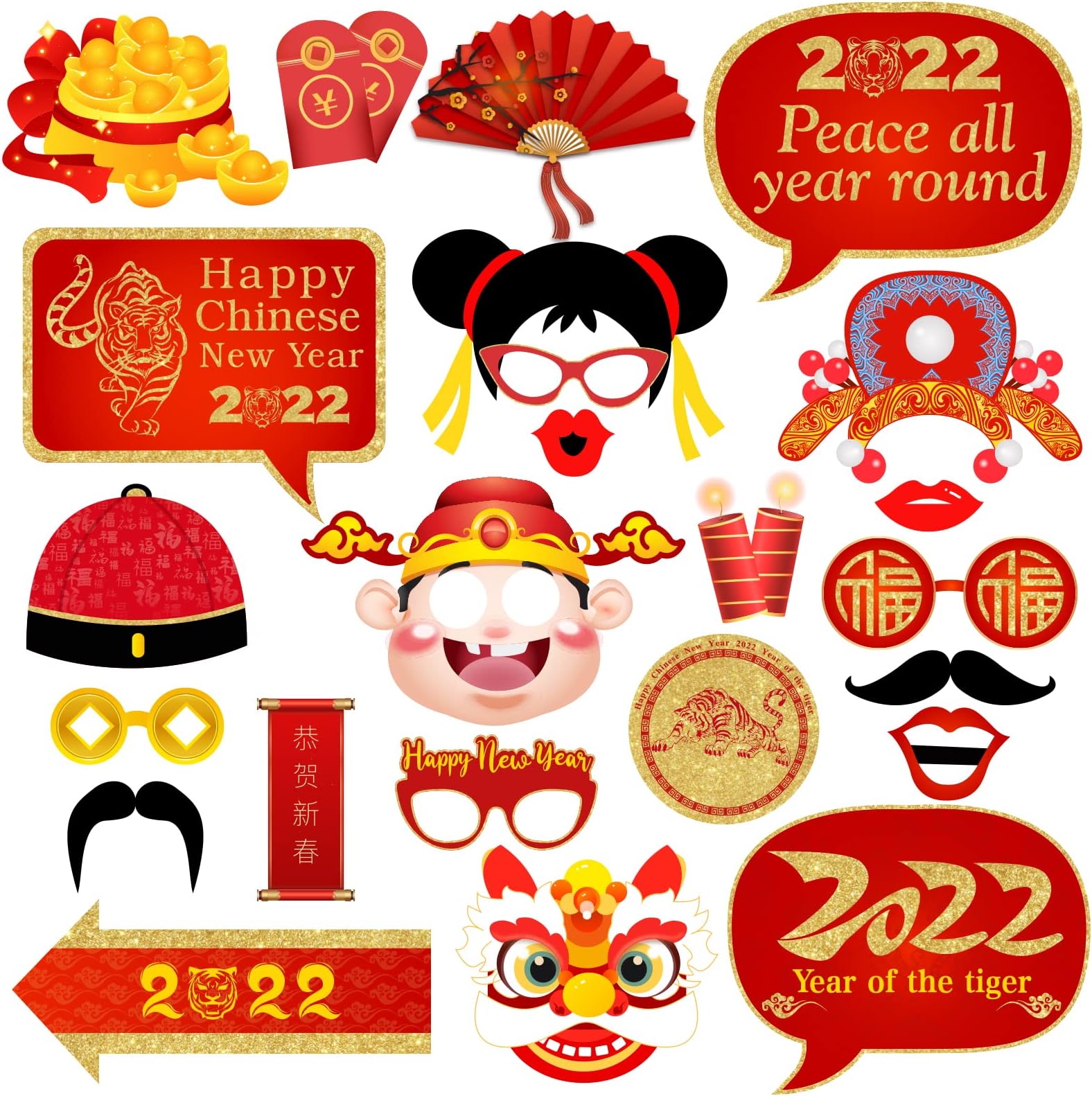 24Pcs Chinese New Year Photo Booth Props Kit, Happy Chinese New Year-2022 Year of The Tiger Decorations for Lunar New Year Spring Festival Wedding Decorations