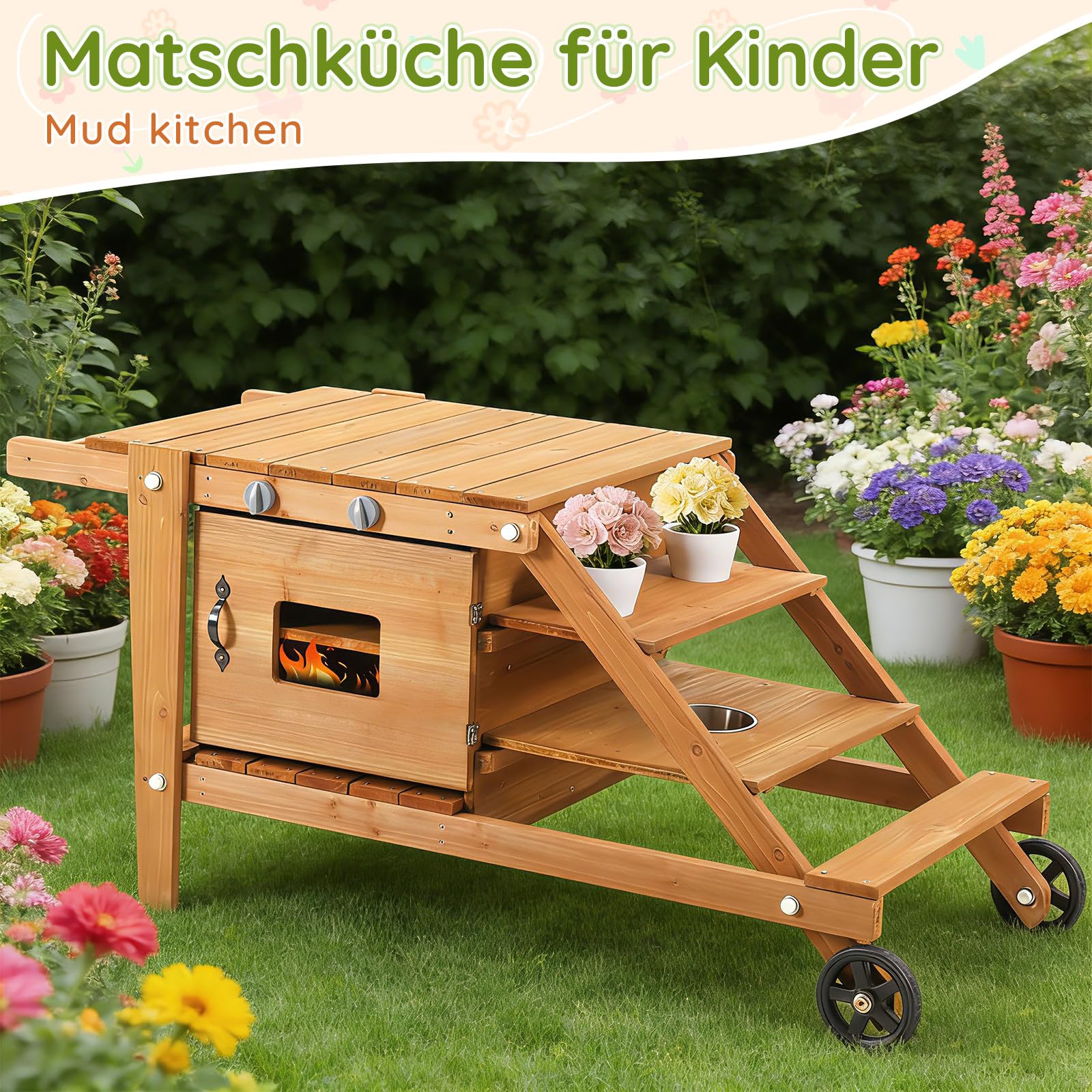 Gecheer Kinderküche Outdoor, Rollen, Zubehör, Holz, ab 3 Jahren, für Garten, Rollenspiel