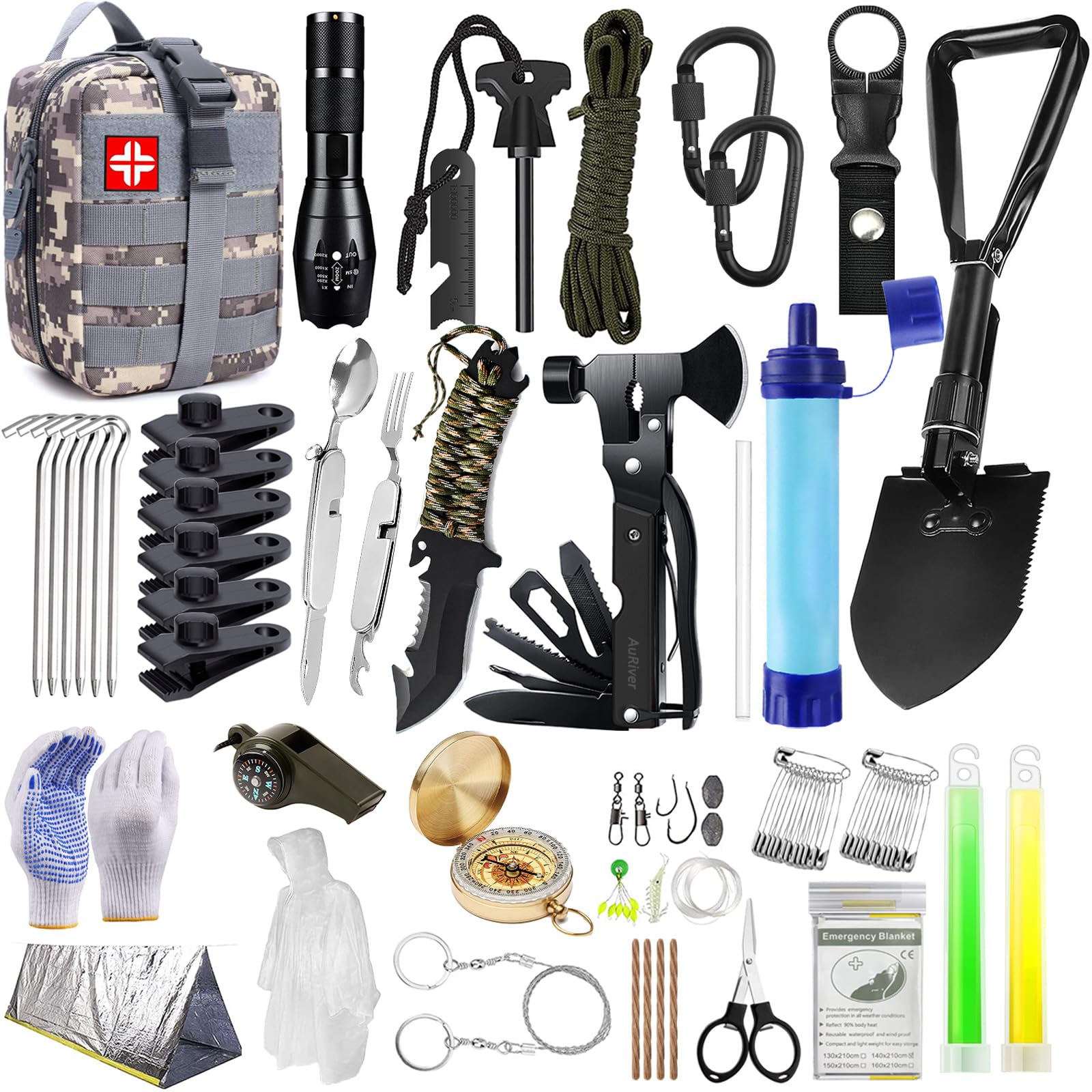 Kit de Supervivencia, Equipo de Emergencia con Filtro de Agua, Kit Supervivencia con Cuchillo de Caza, Kit de Primeros Auxilios para Viajar Caminar Acampar al Aire Montaña (Camuflaje)