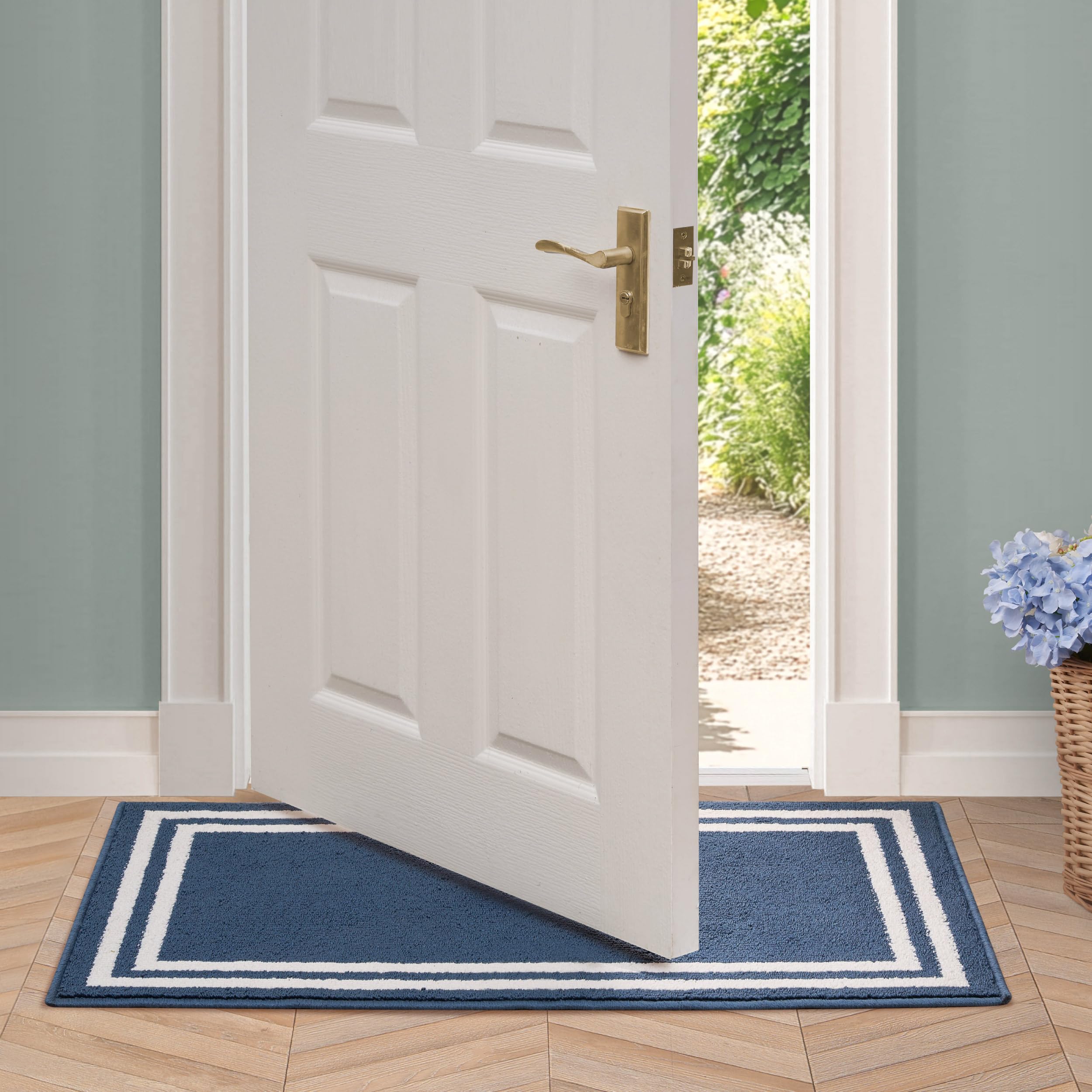 Laura AshleyAll Loop Tufted 26" x 45" Washable Skid-Resistant Accent Rug - Dusty Navy/Ivory Debbie Double Border Two-Tone