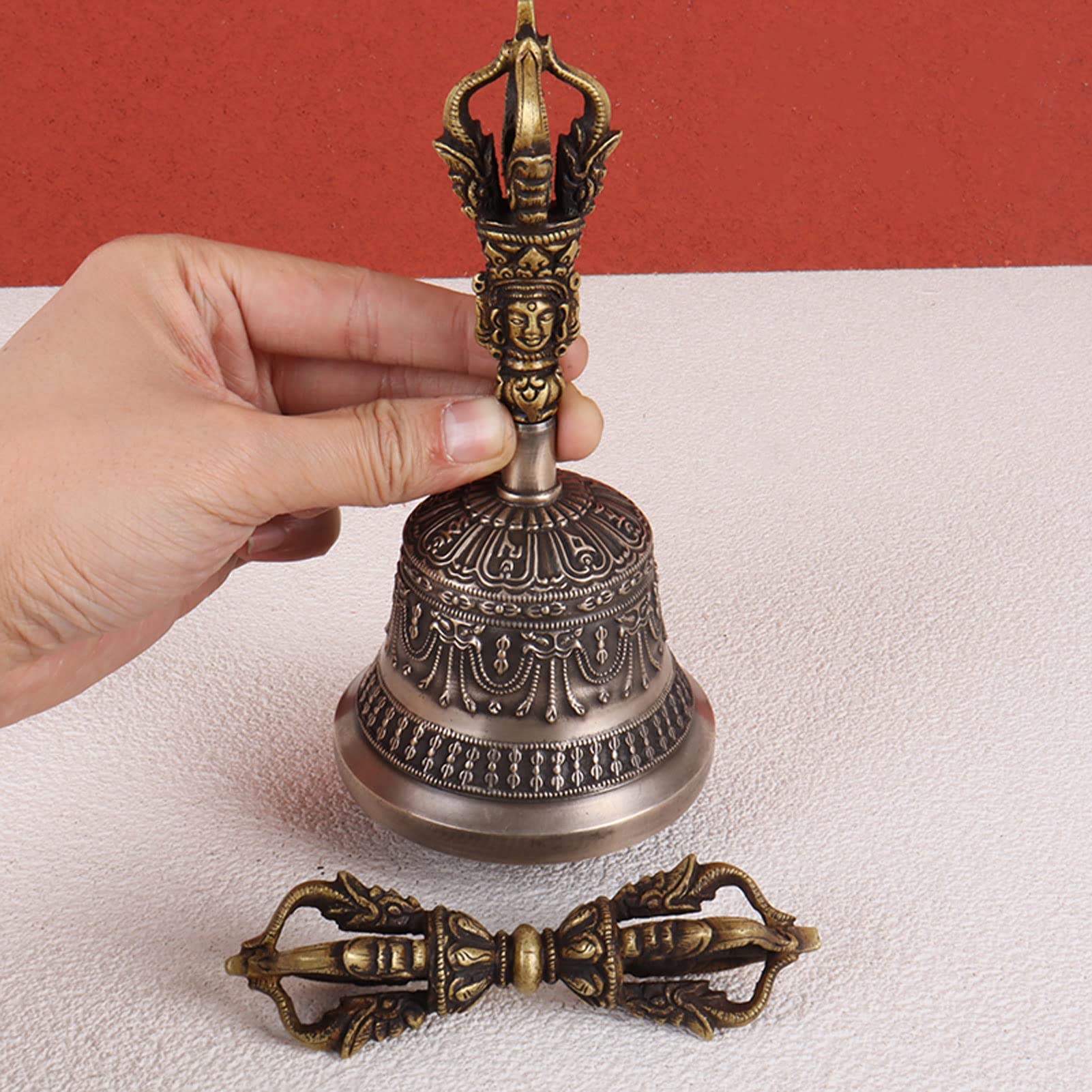 Campana Tibetana da Meditazione Artigianale con Vajra Dorje, Set in Rame Puro con Suono Armonioso, per Yoga, Mindfulness, Decorazione Spirituale E Pratica Tradizionale