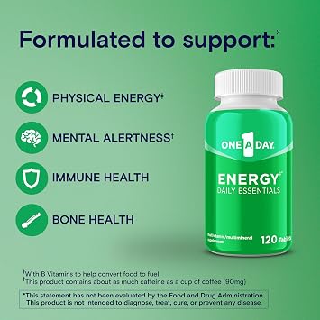 One A Day Energy Daily Essentials Multivitamin, Energy Supplement to Support Mental Alertness and Immune Health with Vitamins A C, D, E, Zinc and Caffeine, 120 Count