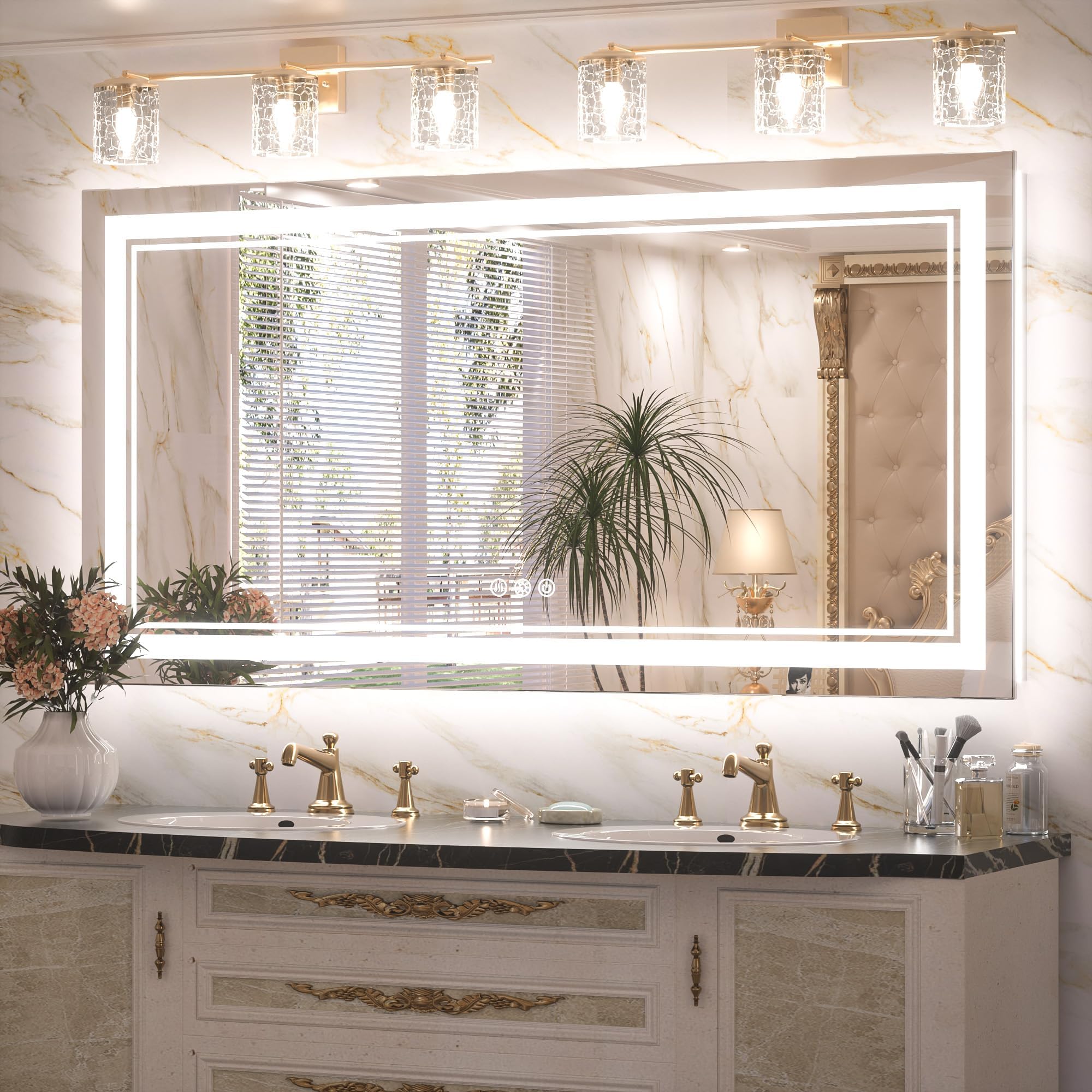 Keonjinn Gold LED Bathroom Mirror 48” x 36” with Frontlit