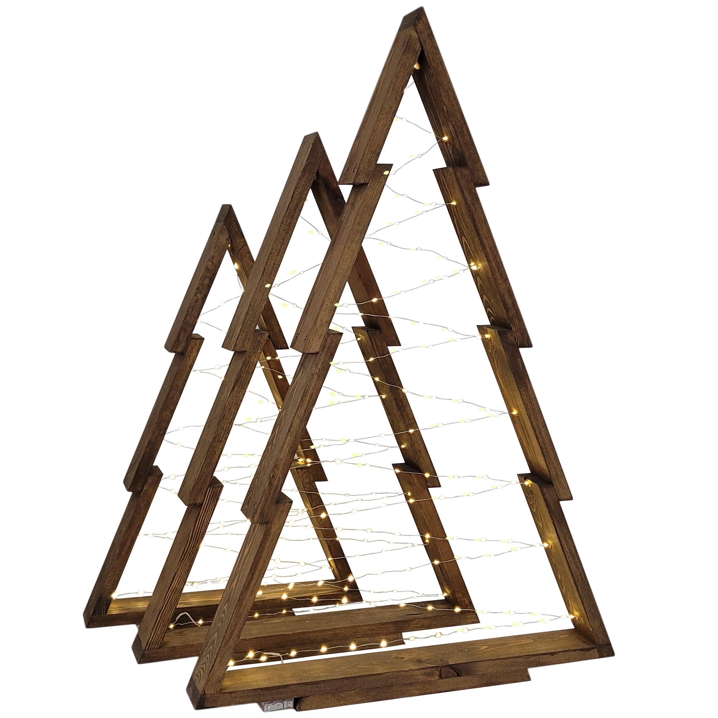 WEECO Lot de 3 Sapins de Noël en Bois XLL avec Éclairage LED - Décoration Festive 113 cm, 90 cm, 78 cm - Arbres pour Intérieur et Extérieur - Wengé