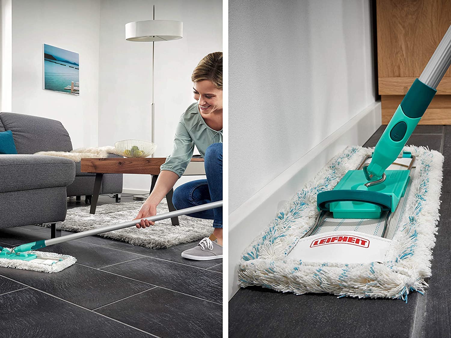 Leifheit rückenschonender Bodenwischer Profi XL Micro Duo inkl. Ersatzbezug Micro Duo aus Mikrofaser, Wischer für Fliesen und Steinböden mit großer Wischbreite, 360° Drehgelenk und Click-System