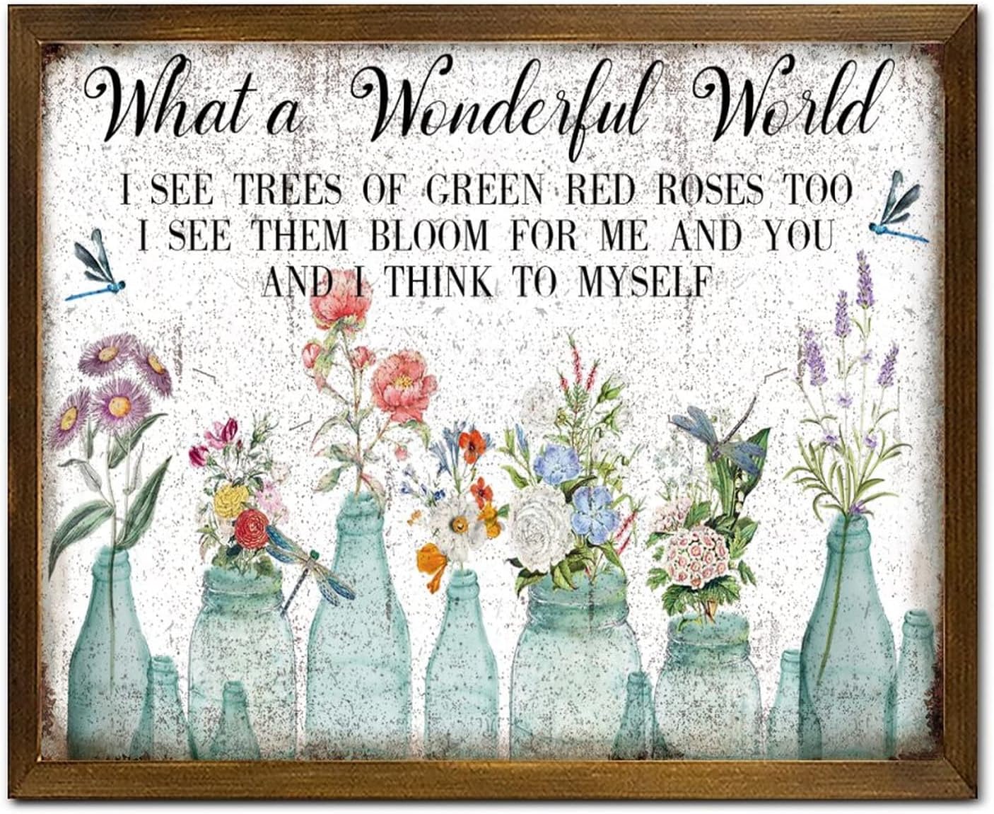What A Wonderful World Wood Framed Sign Vintage Dragonfly Tulip Rose Flower Vase Hanging Wood Sign Classic Nature Plants Wall Decor Farmhouse Rustic Wooden for Home Bar Room Garage Bedroom 16x20 Inch