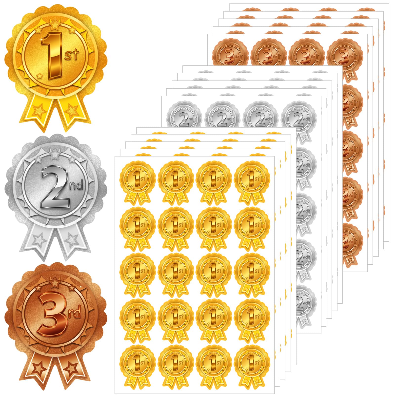 Tenare 300 Sports Day Stickers for Kids, 240 Star Animal & 60 1st 2nd 3rd Participation Rosette Award Stickers for School PE for Events Competitions and Classroom Rewards(Metallic Style)