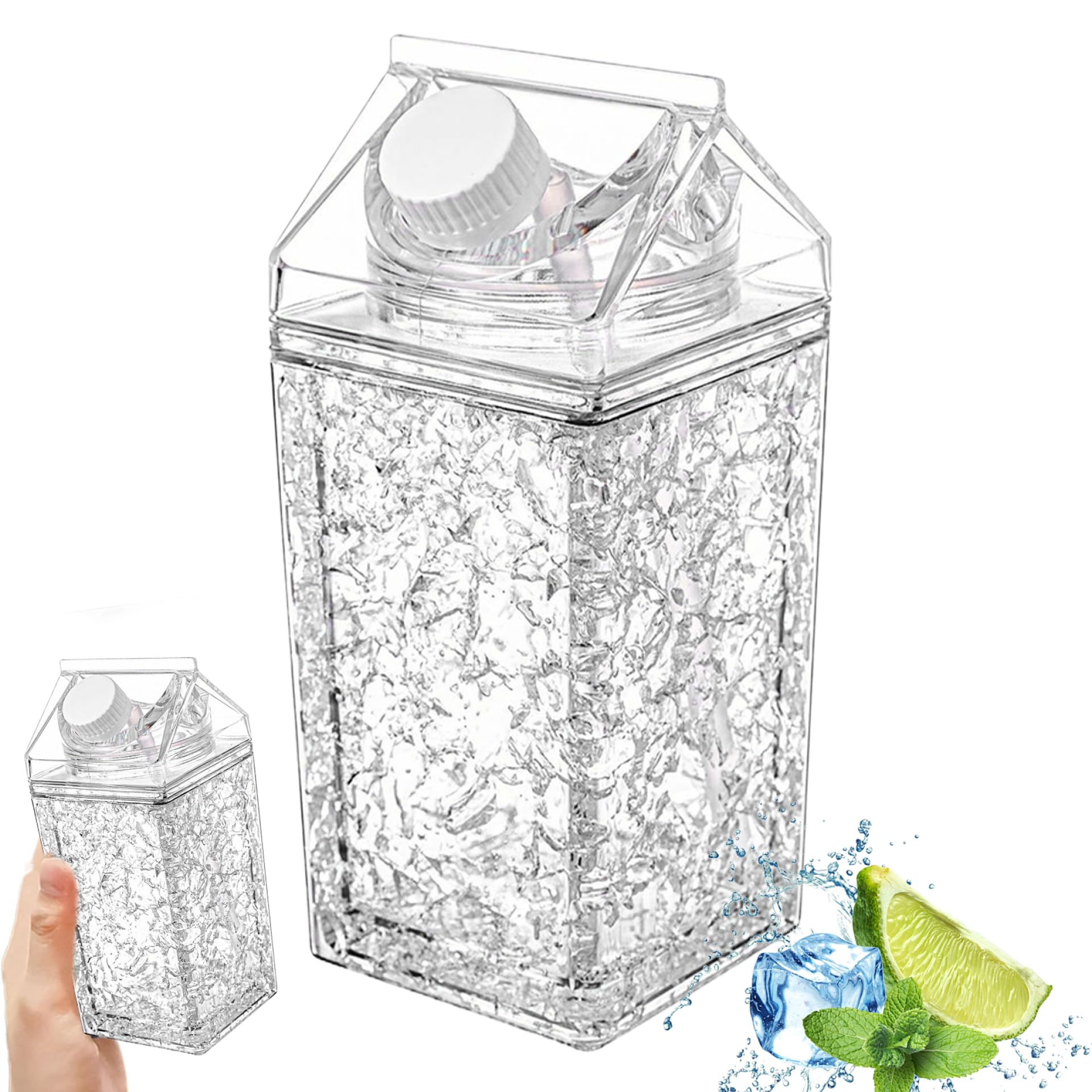 Aetherize Milk Carton Water Bottles 14 Oz Double Walled Cooling Bottle with Refrigerant Materials Leakproof Clear Milk Carton Container Square Water Bottle for Outdoor Sports