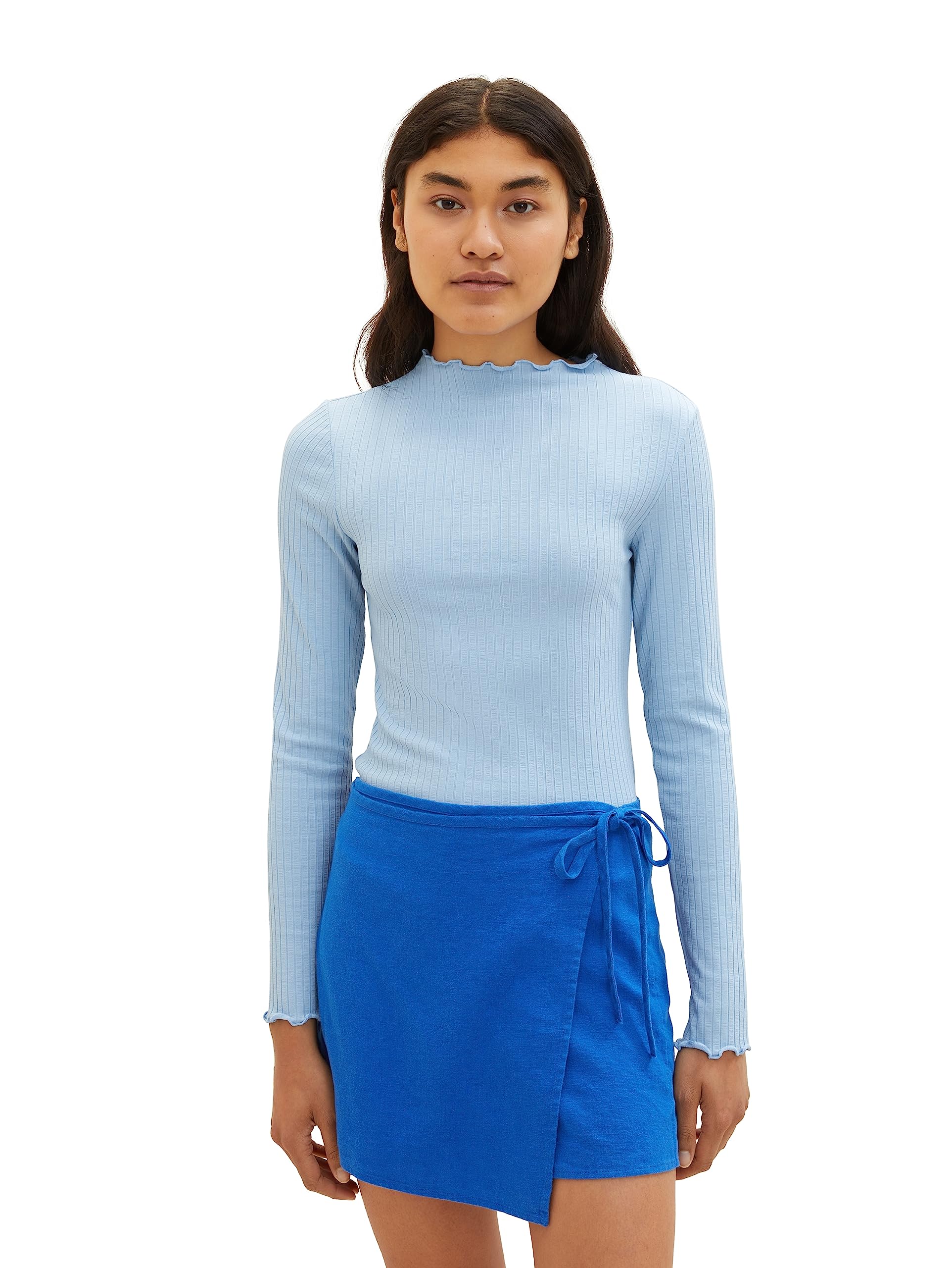 TOM TAILOR Denim Women's Basic Ribbed Long Sleeve Shirt, 11139 Soft Charming Blue, XL