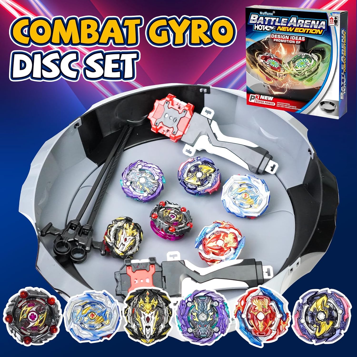 Battle Arena Burst Tops Set with 17.8 Inch Large Stadium, 6 Spinning Tops with Two Launchers, Complete Battle Set (Grey)