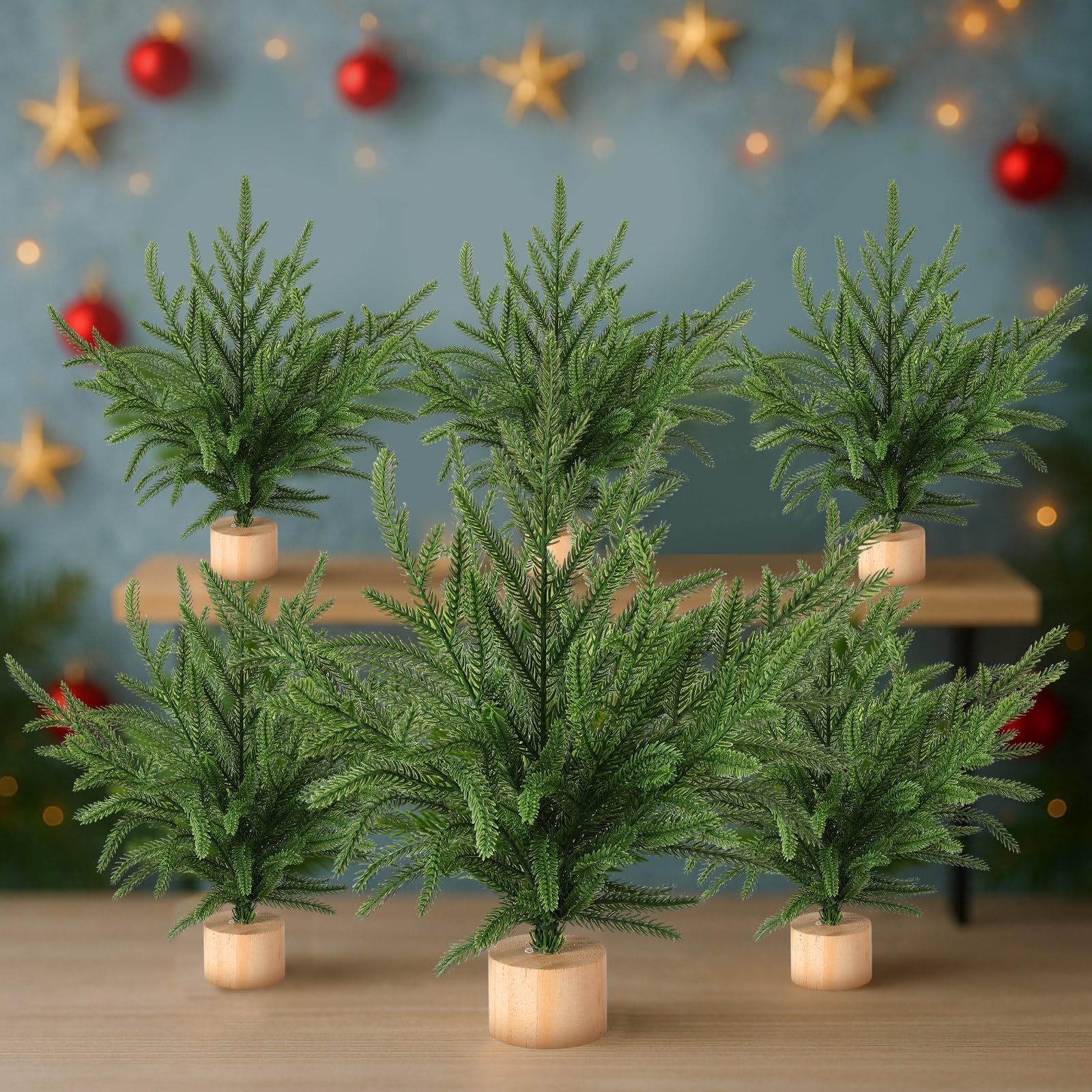 Photo 1 of Soulchen 6 Pcs Artificial Norfolk Pine 12'' Mini Tabletop Tree Bough Decor Christmas Norfolk Branch Faux Stem Village Desk with Base for Christmas Decorations Indoor Home Dining Table