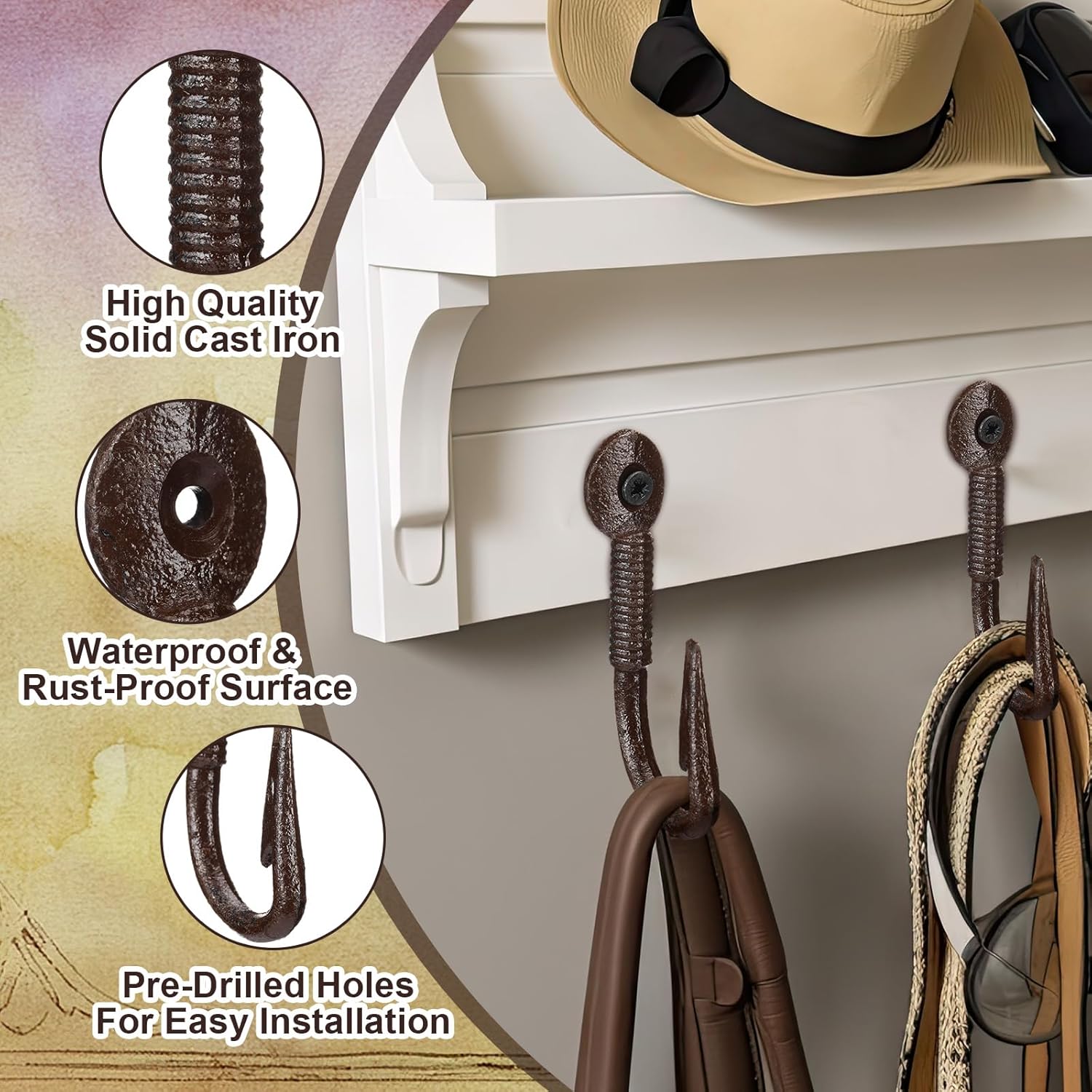 Duraaamo 6 Pcs Realistic Fish Hooks for Hats Solid Cast Iron Rustic Brown Fish Hook Wall Mount 4.5" x 2" Coastal Themed Wall Hangers for Coats Bags Keys