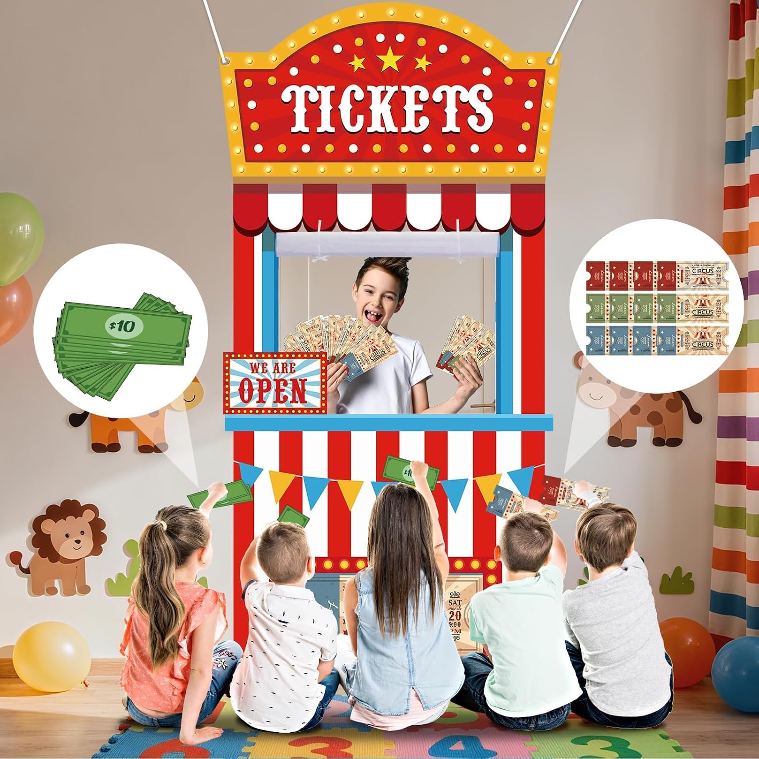 71Pcs Circus Ticket Booth Doorway Playhouse with Pretend Money Carnival Circus Theme Pretend Play Set Educational Play Store Toy Hanging Ticket Theater Door Banner for Halloween Holiday Favor