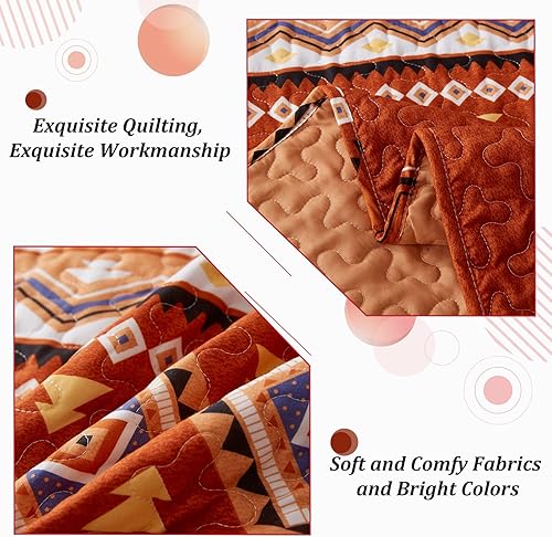 Miniatura 6 de WONGS BEDDING Juego de edredón bohemio California King, 3 piezas, color naranja quemadoóxido, juego de colcha ligera con estampado geométrico con 2