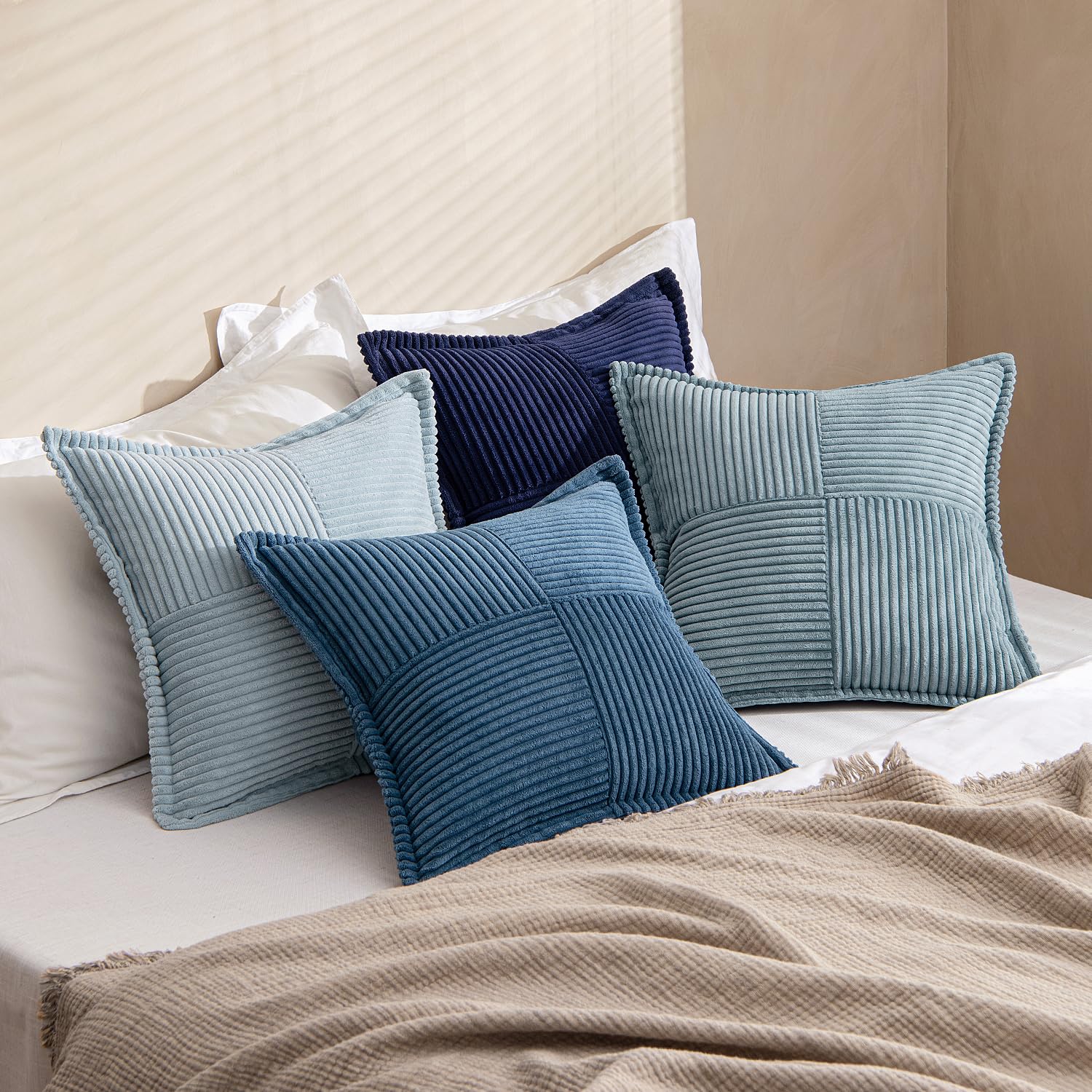 MIULEE Funda de Cojines para Sofá 50x50 cm Funda de Almohada de Corduroy Súper Suave Cojin de Pana a Rayas Decoración Moderna para Sofá Silla Cama Sala de Estar Dormitorio 4 Piezas Serie Azul