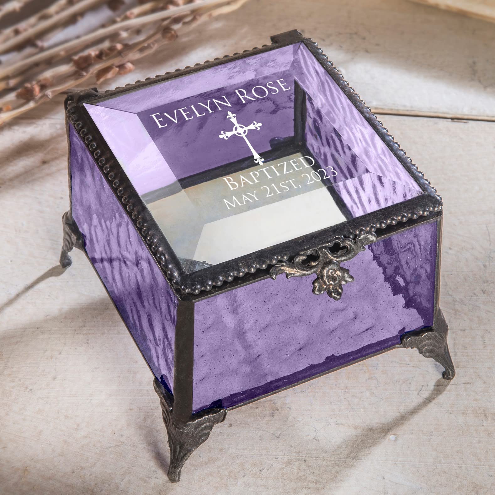 Baptism Gift for Girls Personalized Keepsake Box Purple Stained Glass Engraved Cross Jewelry J Devlin Box 836 EB222