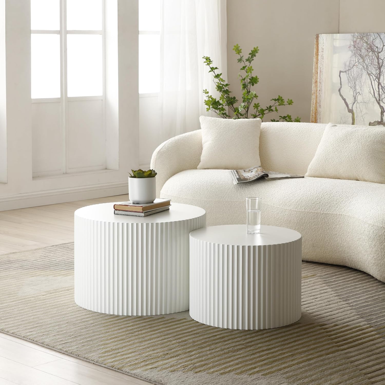 Round Wooden Nesting Table Set of 2, Modern Coffee Table,Round Coffee Table ＆ End Table, Side Table for Living Room,Bedroom,No Need Assembly… (White)