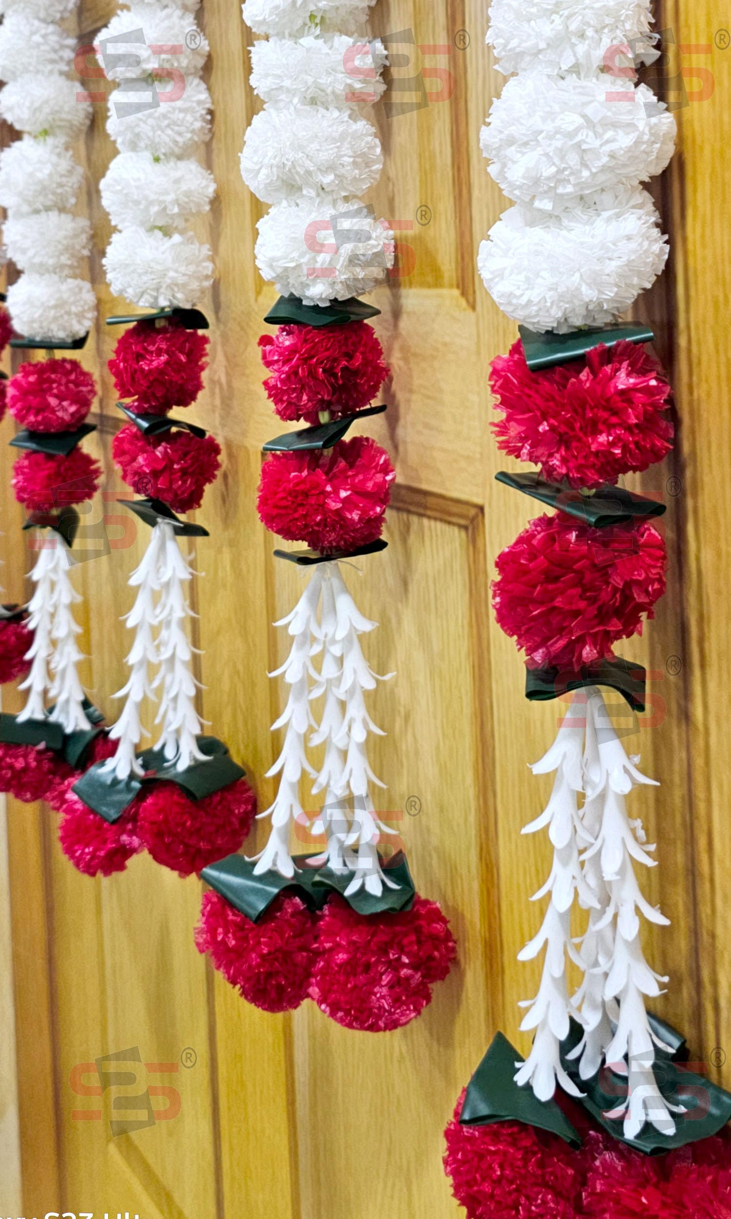 S2S Artificial Marigold Jasmine, Mogra, Green Leaves Tassles Garlands Ladi Strings for Decoration of Home, Balcony, Wall Hangings, Hall | Pack of 5 | (RED White Marigold)(Height - 24 Inch) - Image 2 thumbnail