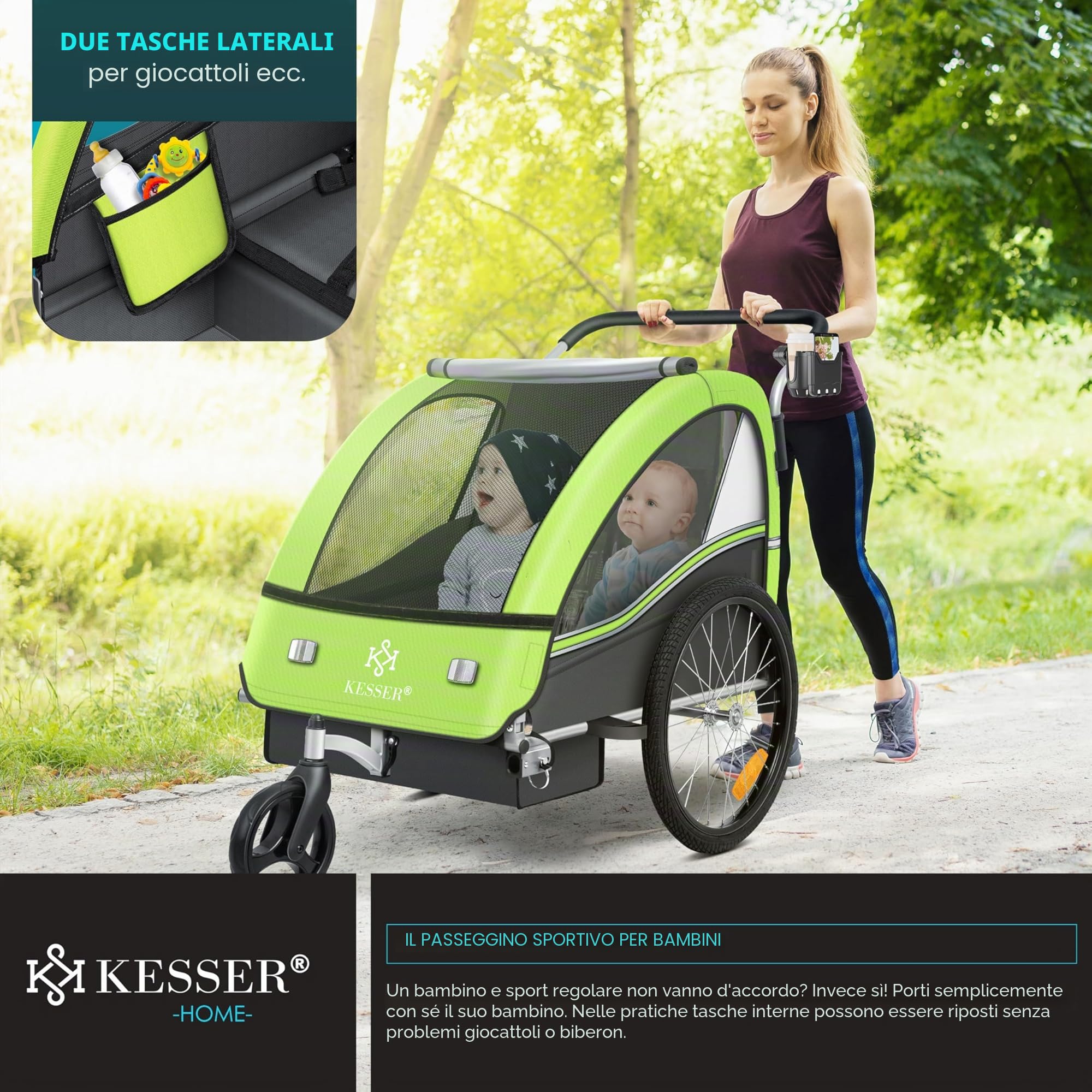 KESSER® Rimorchio per bambini da bicicletta Sport-RX 2 in 1 funzione jogging cintura di sicurezza a 5 punti ruota anteriore girevole 360°