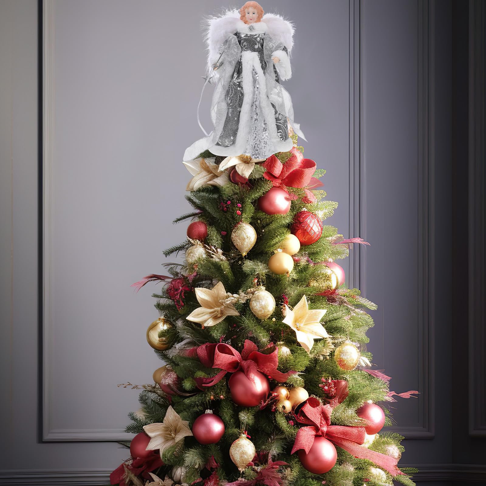 VICASKY Adorno Punta del Árbol de Navidad en Forma de Ángel de Tela Plata Detalles Vivos y Diseño Encantador para Decoración de Dormitorio