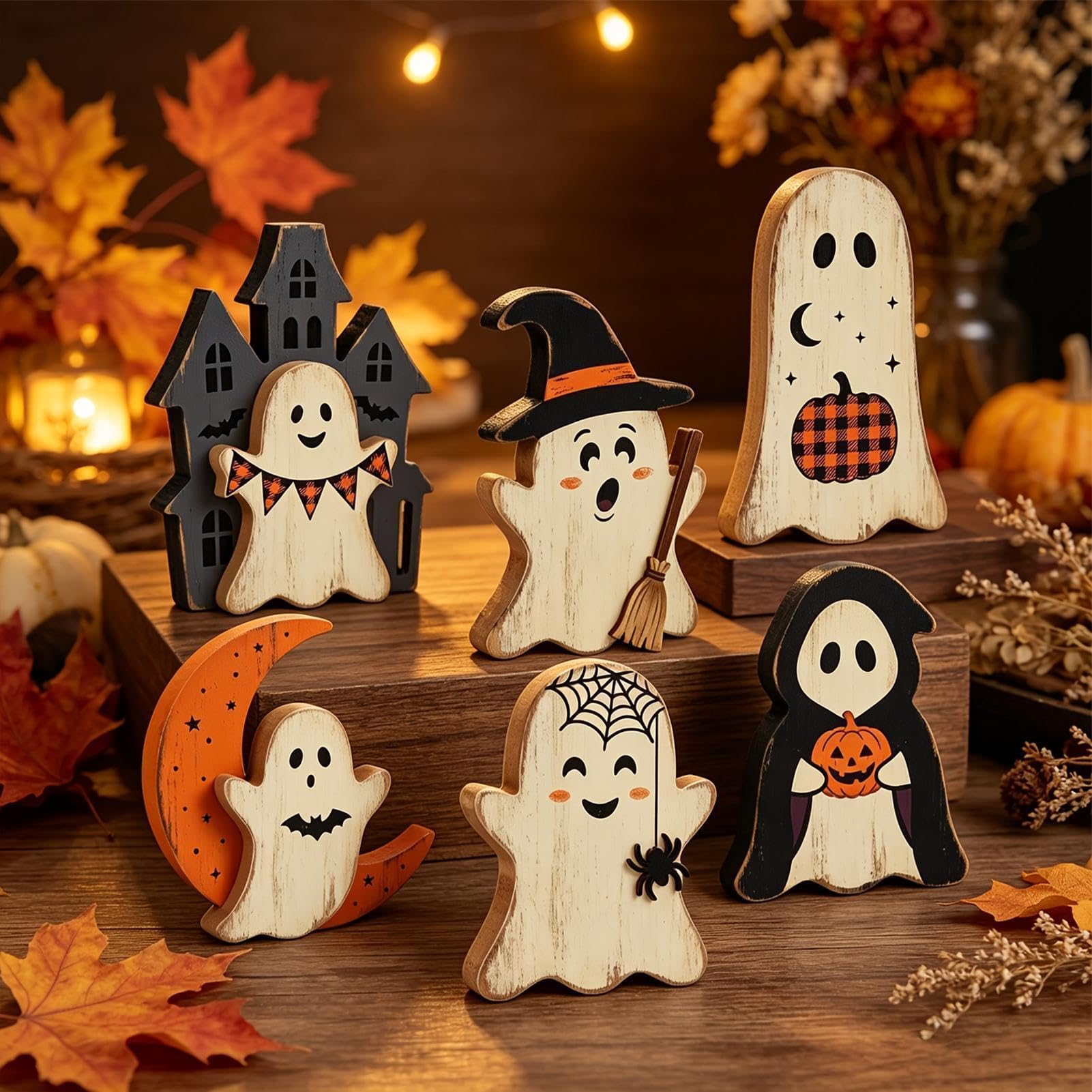 Halloween dekoracja tacy piętrowej Straszna, Upiorna, Ręcznie Wykonana | Upiorne Znaki Centralne Z Duchem Na Ganek Do Domu Do Salonu W Farmhouse Korytarz