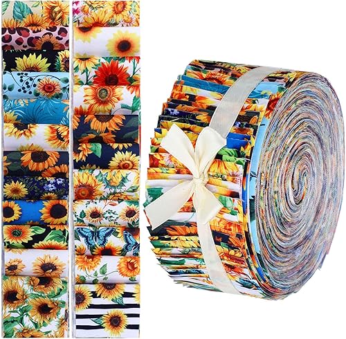 Miniatura 1 de 70 piezas de rollo de tela de algodón de gelatina de girasol, tiras de acolchado de tela de girasol de algodón de 2.55 pulgadas, tela de retazos