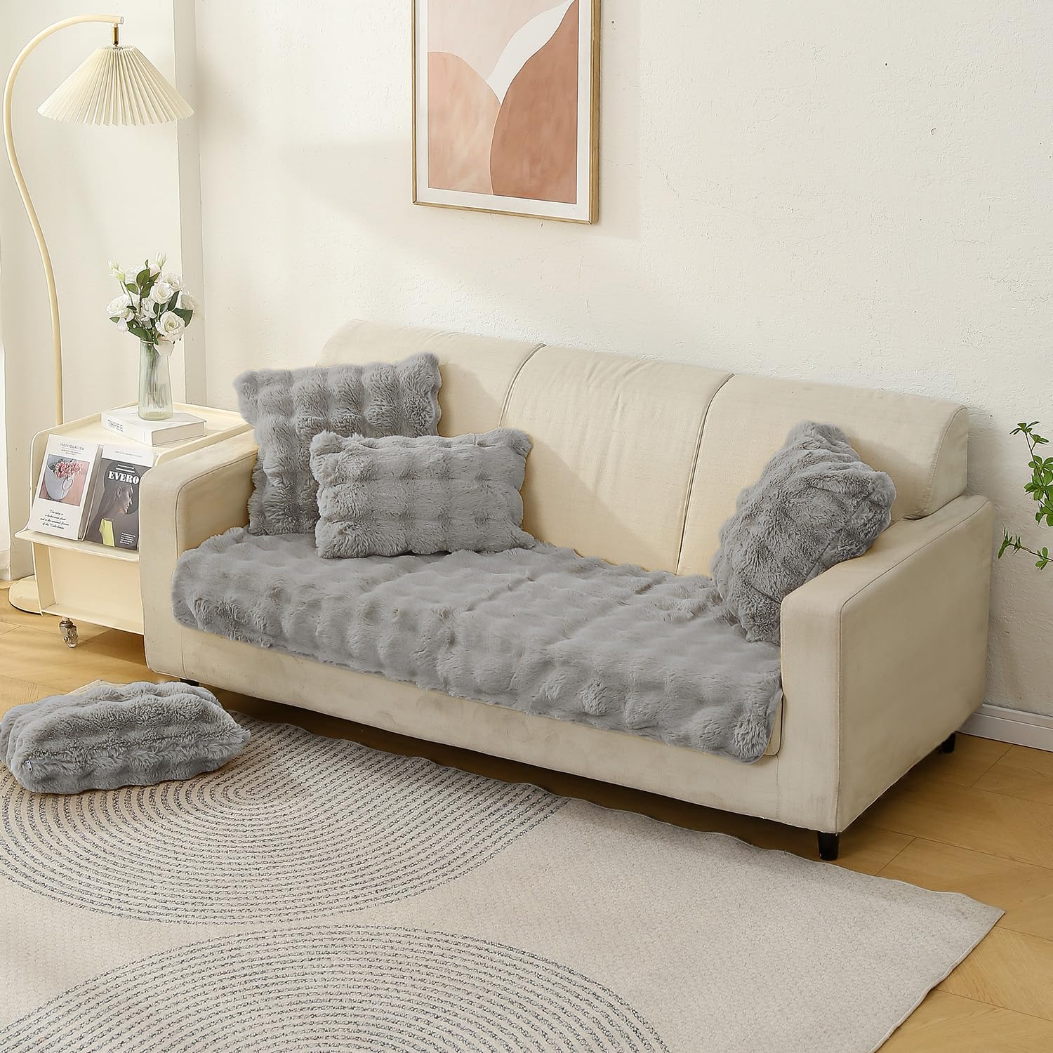 HOKIPO Premium Faux Rabbit Fur Sofa Mats for L Shape and 1/2/3 Seater Sofa. Make Your Own Sofa Cover Set, Mat Length 90(D) x 170(L) cm, Cool Grey (AR-5015-GRY)