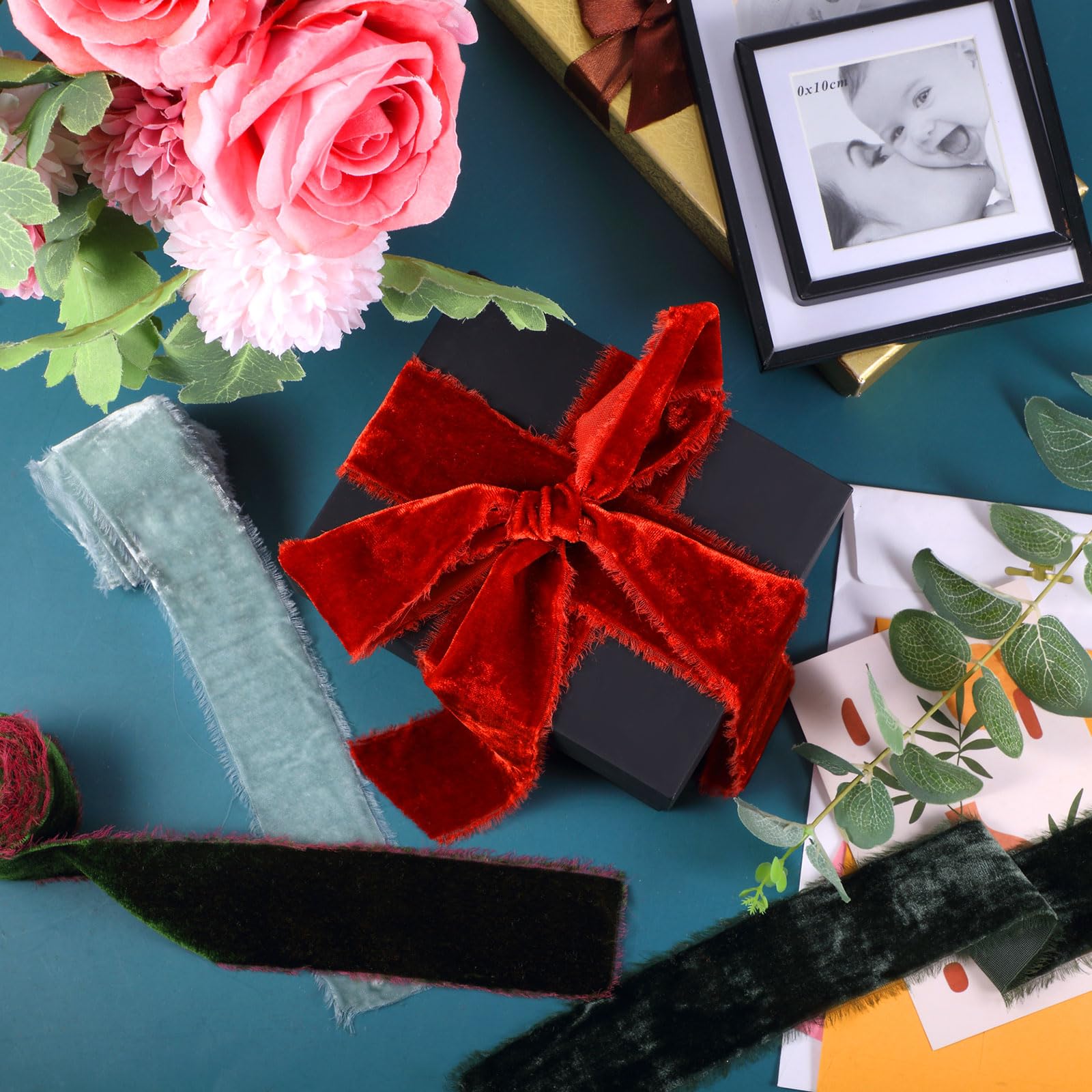 Canlierr Weihnachts-Samtband für Geschenkverpackungen, Fransen, ausgefranstes Stoffband, roher Rand, verdrahtet, Samtband für Hochzeitseinladungen, Brautstrauß, DIY Handwerk (5,1 cm x 16 m, grüne