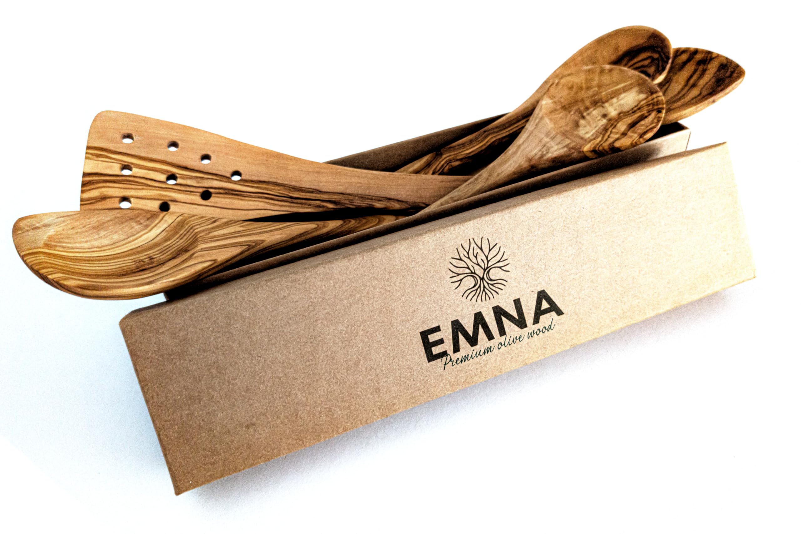 EMNA – Olivenholz Küchenutensilien Set | 5-teiliges Kochlöffel & Küchenhelfer Set Holz | Handgefertigt Unikat | Geschenkbox mit Zertifikat vom Gründer | Geschenkidee Weihnachten Geburtstag Hochzeit