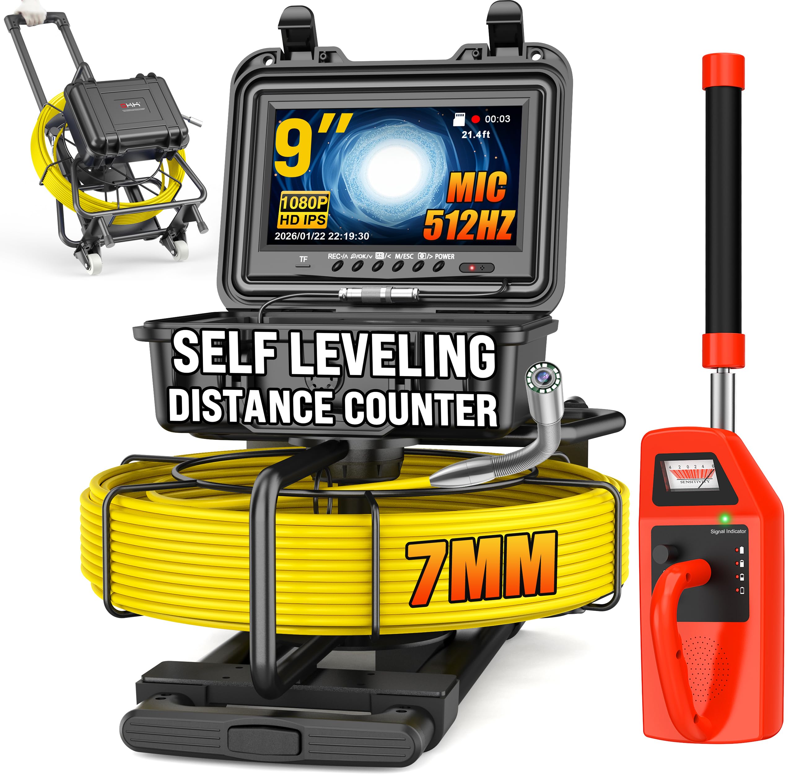 OKK Sewer Camera with 512Hz Locator, Professional 9" Self-Leveling Drain Camera 165ft, Distance Counter, 7mm Cable, Pull Handle, Wheels, IP68