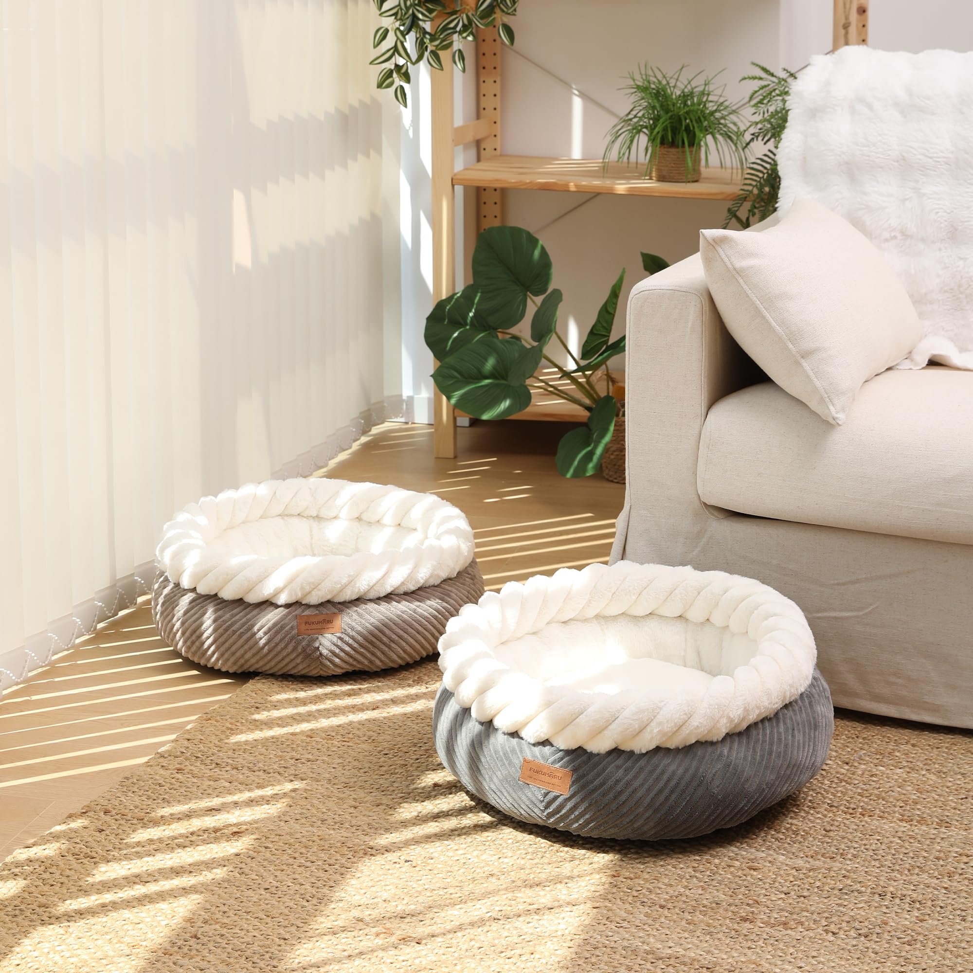 FUKUMARU Cama para Gatos Lavable, Cesta para Gatos con Borde Elevado, 55 x 55 x 21 cm, Cama Suave de Pana, Base Antideslizante, Grande, Gris