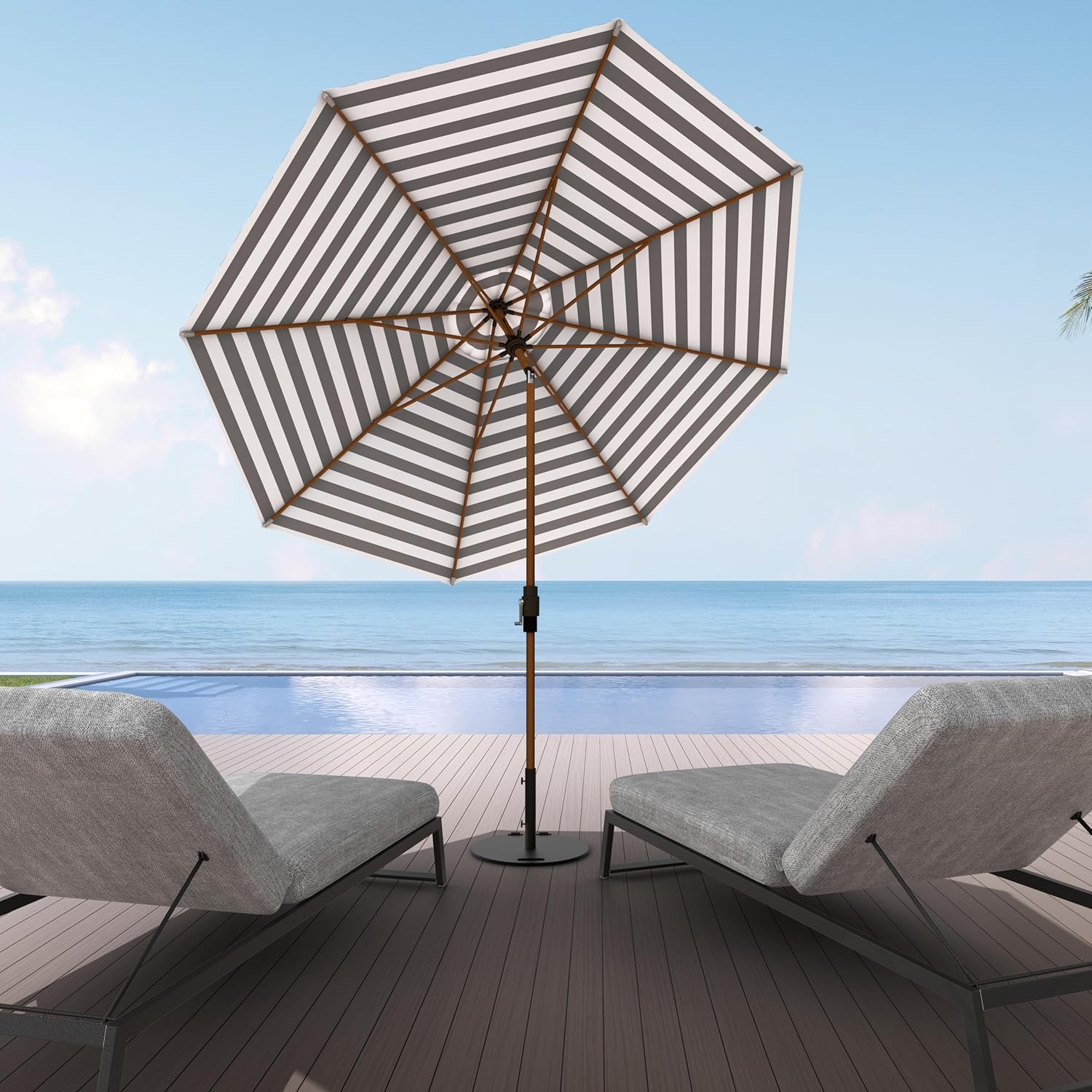 Midtown Umbrellas Wooden 2-8 Ft Patio Umbrella with 360° Swivel & Tilt Mechanism, 8 Fiberglass Ribs & Terylast Polyester Fabric for Deck, Pool, Garden & Porch - Matter Stripes Canopy, Wooden Pole