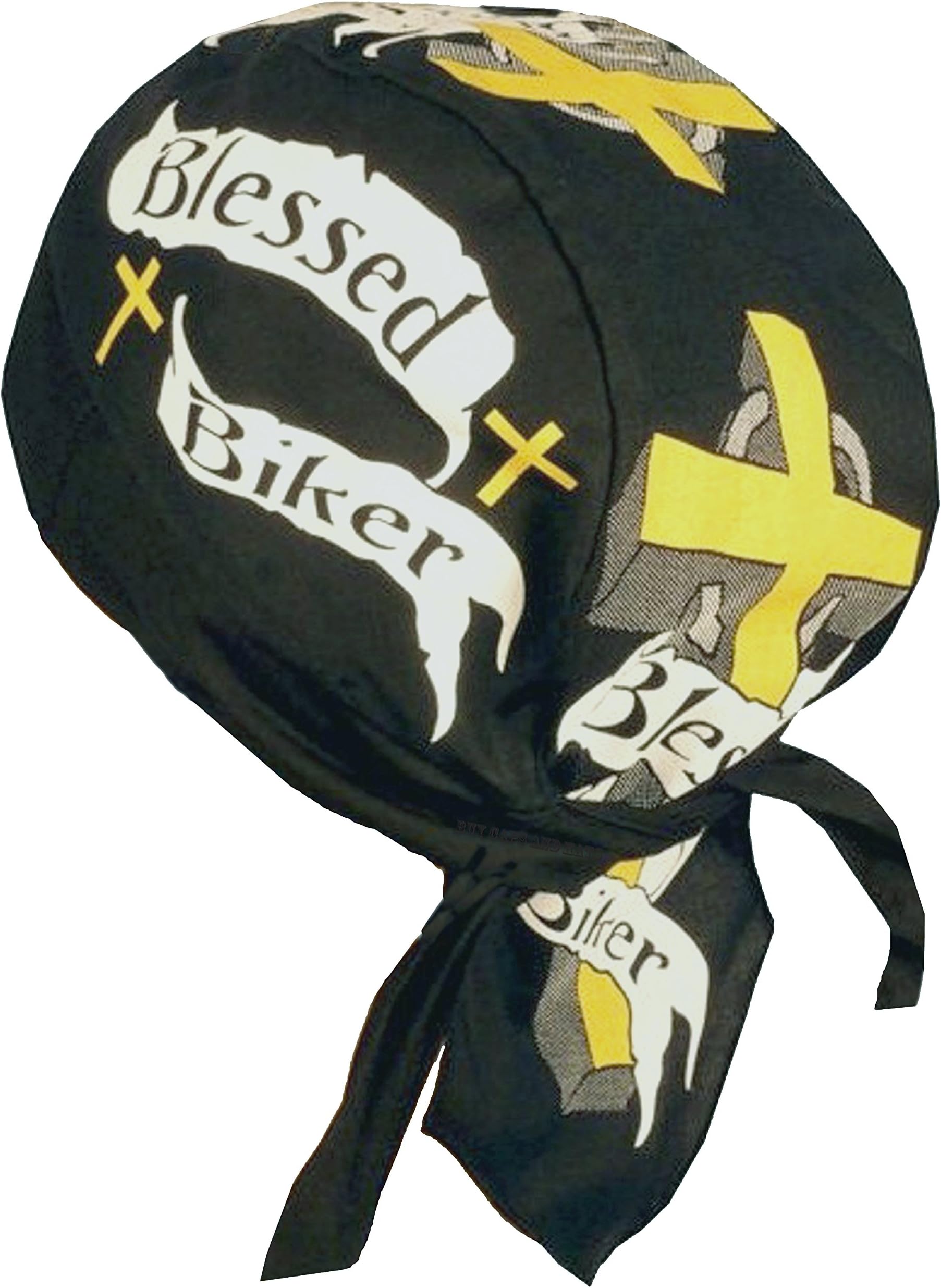Christian Doo-Rag with Sweatband Motorcycle Skull Cap Bikers Do-Bandana (Blessed Biker Yellow Cross)