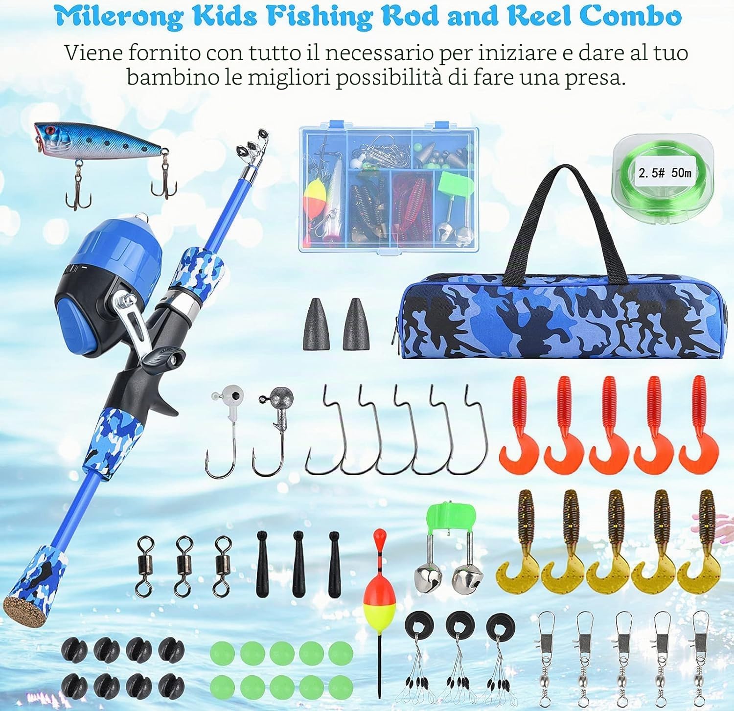 Milerong Canna da pesca per bambini, canna da pesca telescopica portatile e mulinello, kit combinato per ragazzi, ragazze e giovani, con mulinello da pesca spincast, attrezzatura da pesca, esche da
