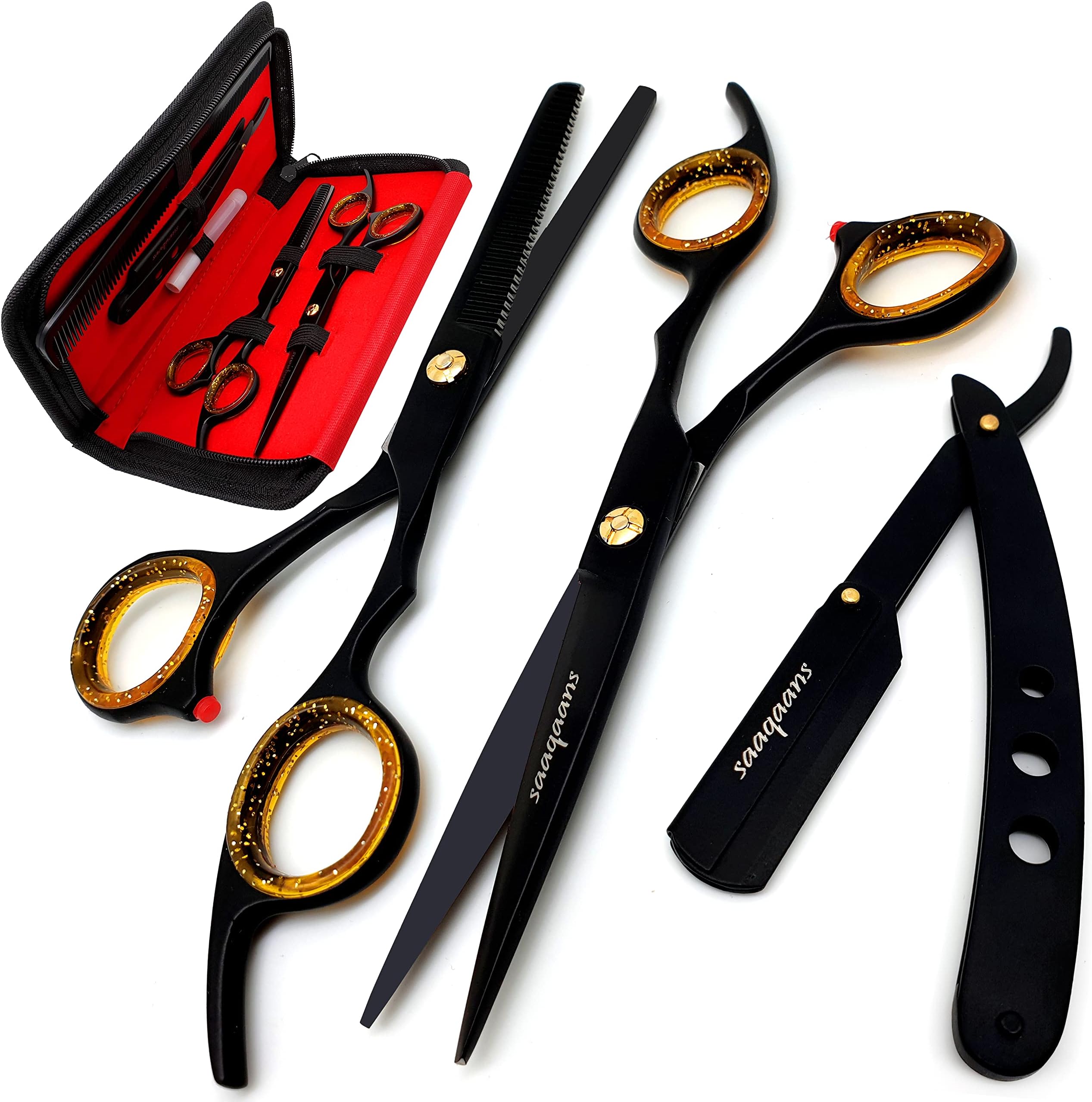 Saaqaans UMS-01 Professional Haircut Scissors Set - Package includes 1 x Hairdresser Scissor + 1 x Thinning Shear + 1 x Straight Edge Razor + 1 x Hair Comb with a Beautiful Scissors Case (Black UK)