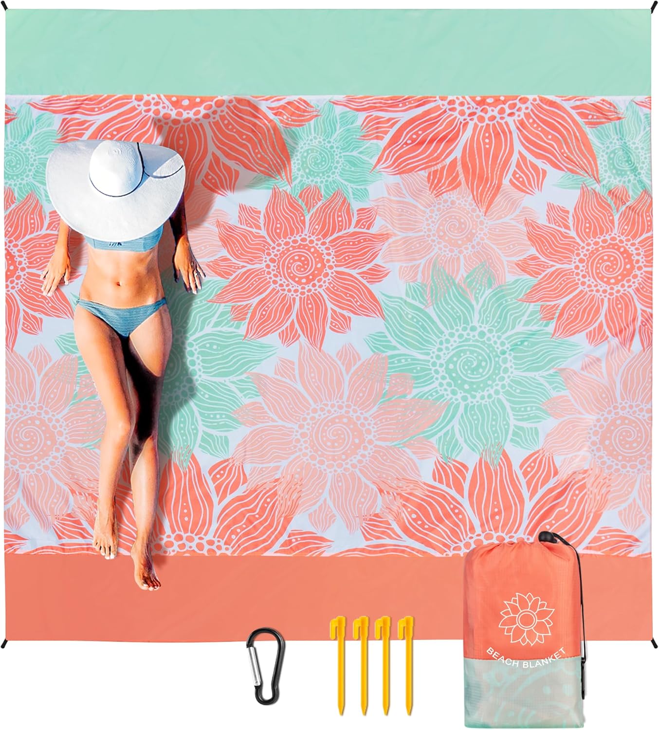 VILLEY Waterproof Sandproof Beach Blanket - Extra Large 128x108 Inch Mat With Stakes & Pockets