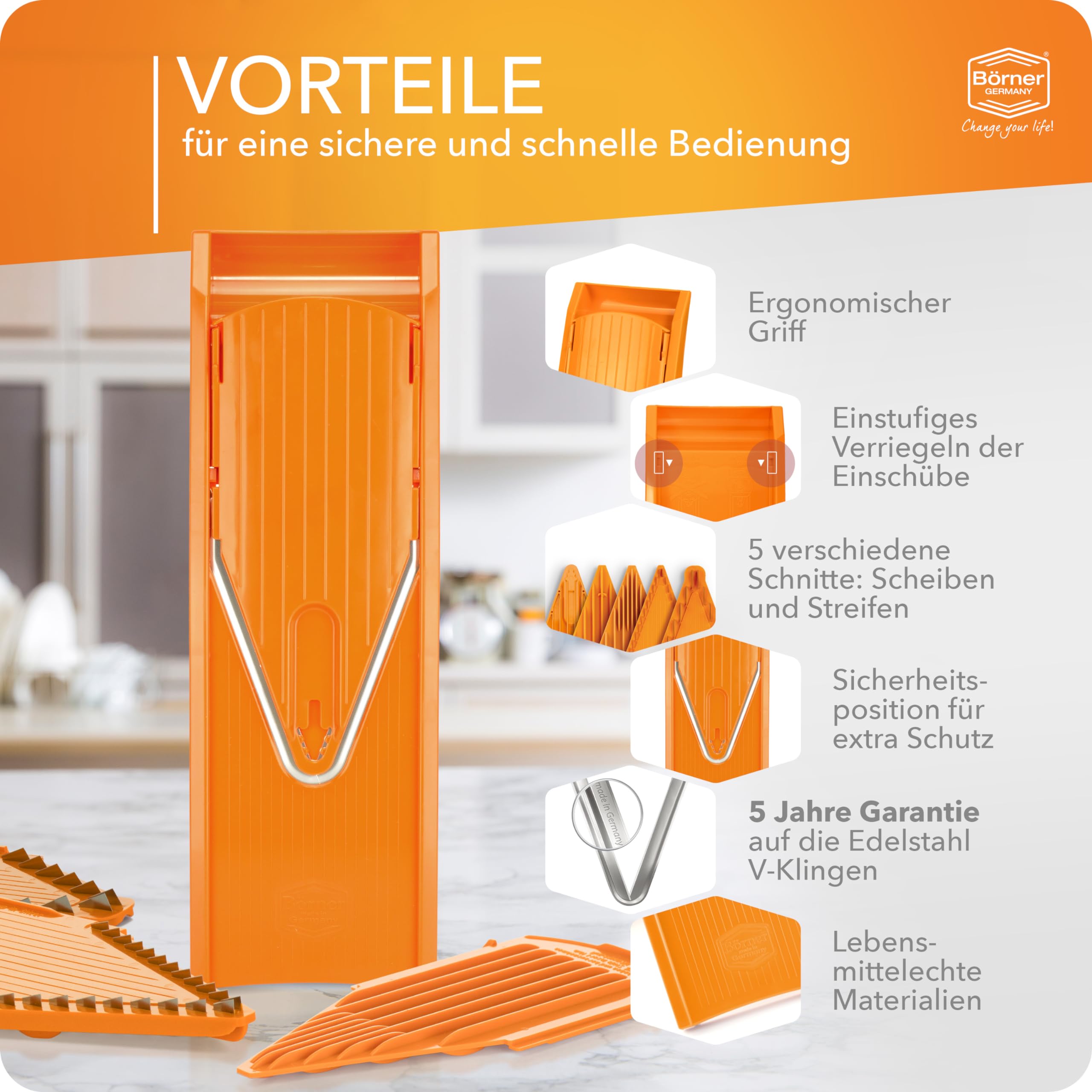 Börner Gemüsehobel V1 (Starter Set) • V-Hobel mit 4 Einsätzen & Fruchthalter • Verstellbarer Hobel für Gemüse & Obst • Gemüseschneider für Scheiben, Streifen & Würfel • Farbe: Orange