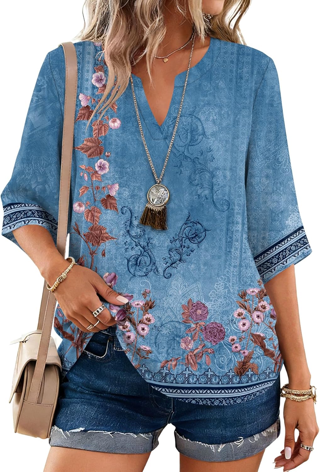 LOMON Women's Dressy 3/4 Length Sleeve Tops Business Casual Blouses Summer Tees Shirts