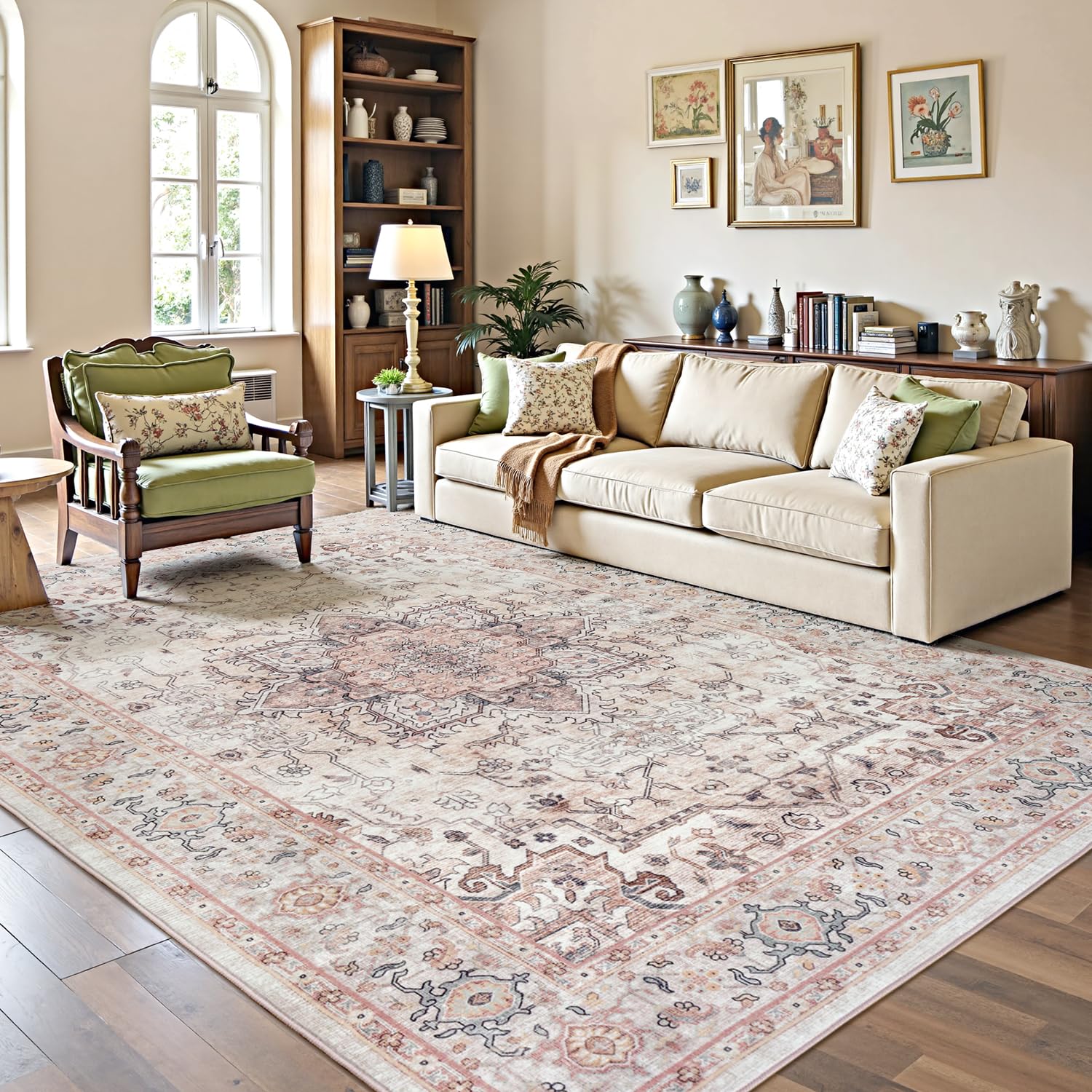 Lofus 5x7 Area Rugs for Living Room, Washable Area Rug, Rugs for Bedroom, Kitchen, Vintage Boho Carpet, Soft Non-Slip, Low Pile Large Area Rug for Office Dining Room, Pink