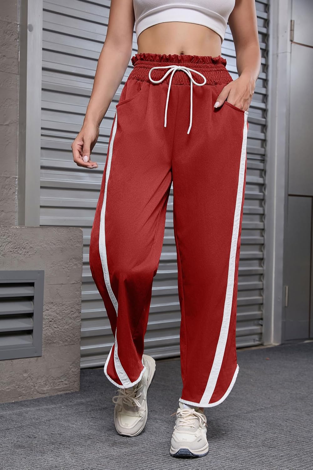 Track Pants Women Casual Drawstring Barrel Pant Lightweight Baggy Contrast Color Workout Pants with Pockets - Image 9