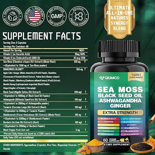 Miniatura 7 de Paquete de musgo marino y shilajit, musgo marino 7000 mg, aceite de semilla negra 4000 mg, Ashwagandha 2000 mg, jengibre y shilajit 9000 mg,