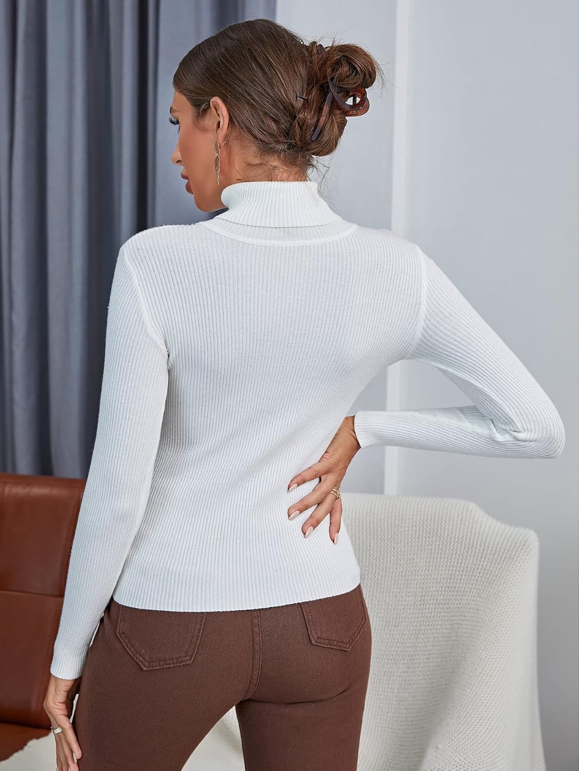 WDIRARA Women's High Neck Ribbed Knit Sweaters Long Sleeve Fitted Pullover Casual Tops - Image 3