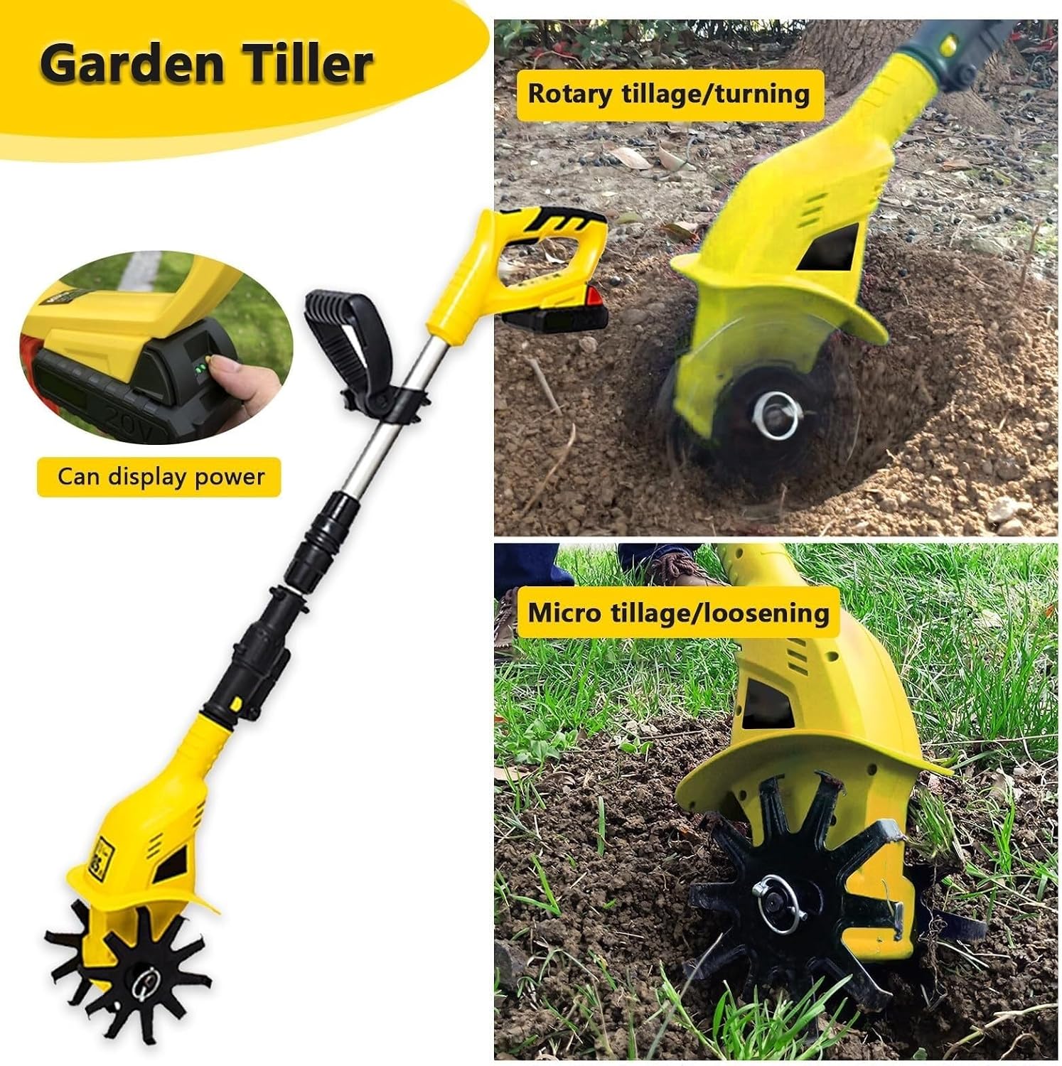 Garden Tiller, Battery Powered Garden Cultivator with 97-127cm/38-50in Adjustable Length, Cordless Garden Tiller Cultivator for Lawn,Farms,Yard,Soil
