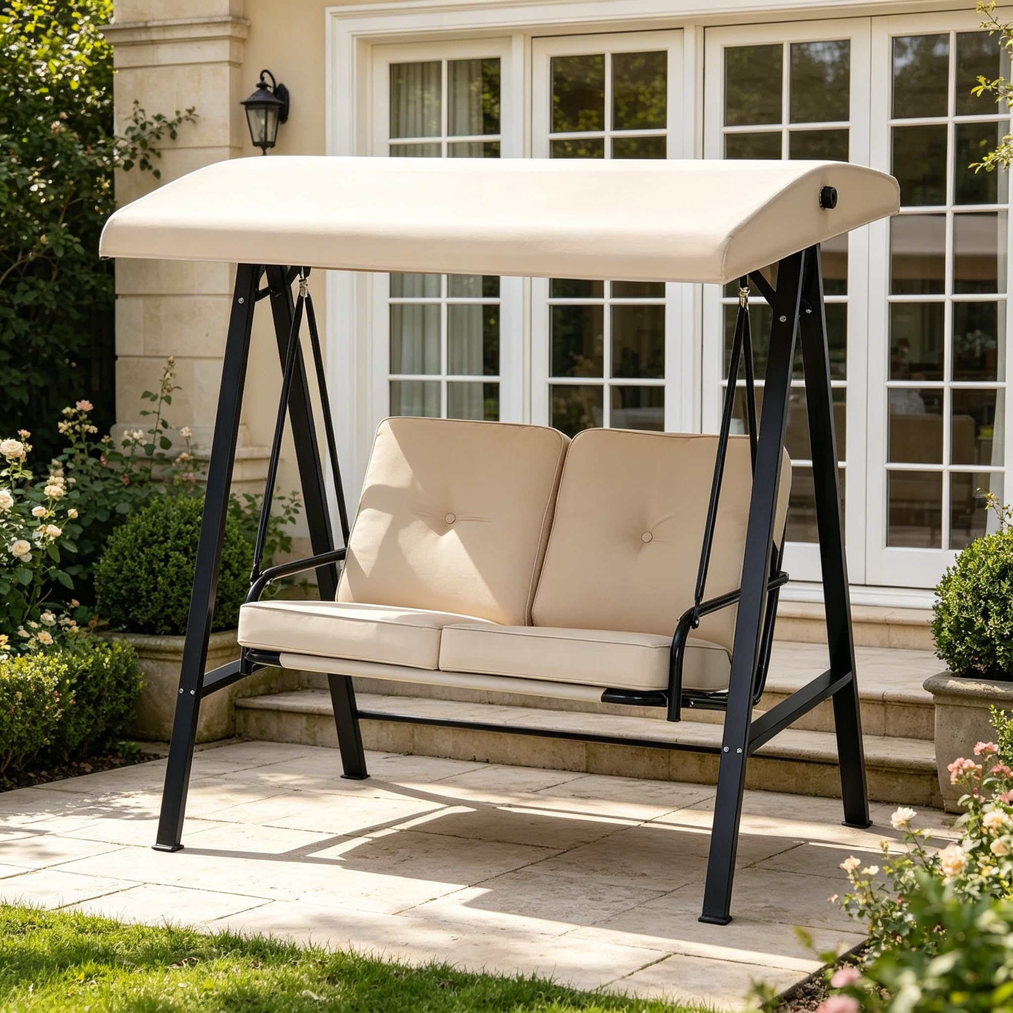 YODOLLA 2-Sitzer Hollywoodschaukel mit Sonnendach, Gartenschaukel Gartenliege mit abnehmbarem Kissen, Verandaschaukel geeignet für Hinterhof, Garten, Hof, Poolside (Beige)