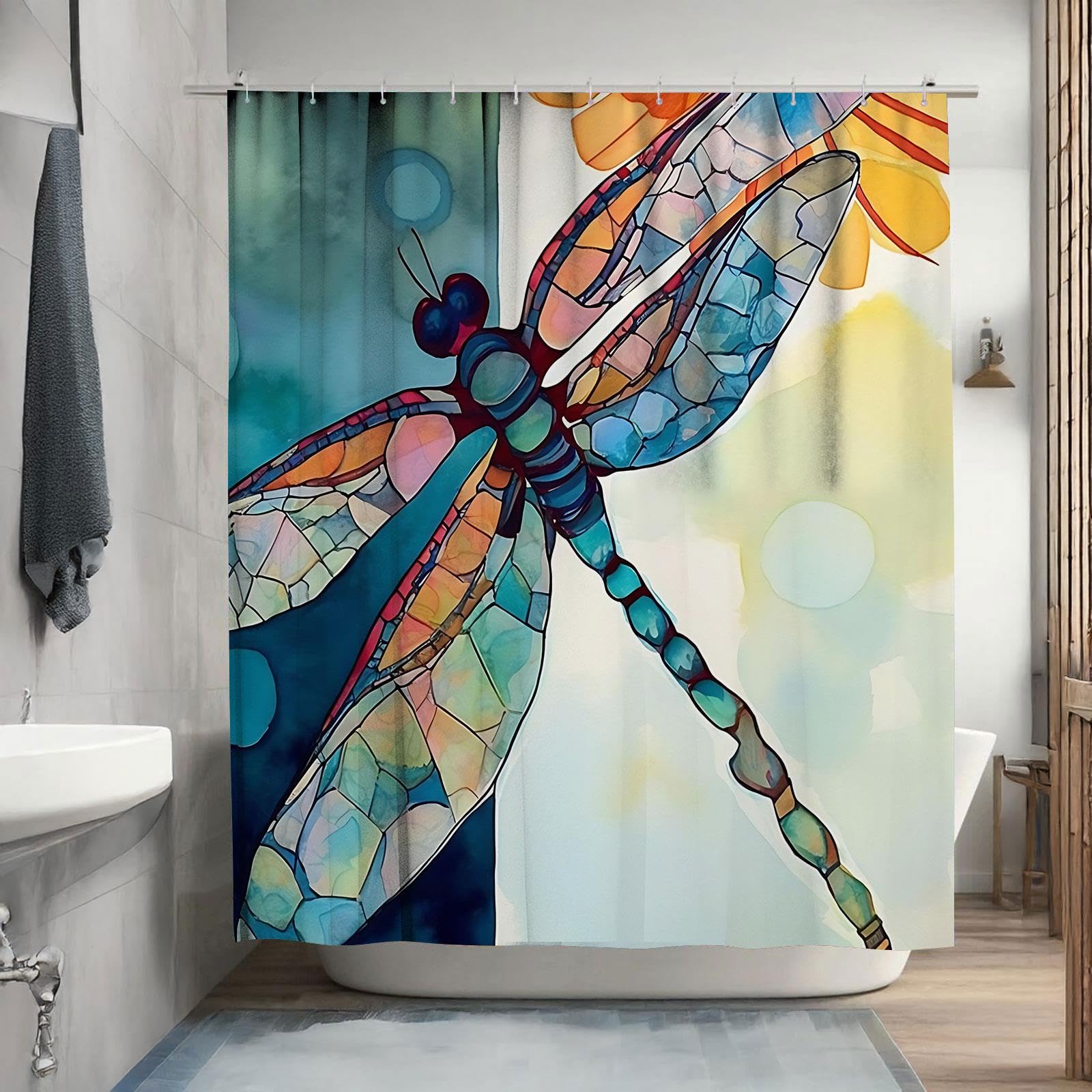 pucaouio Fantasy Dragonfly Shower Curtain Sets, Dragonfly in Watercolor Painting Bathroom Curtains, Morden Waterproof Fabric Bath Curtain with 12