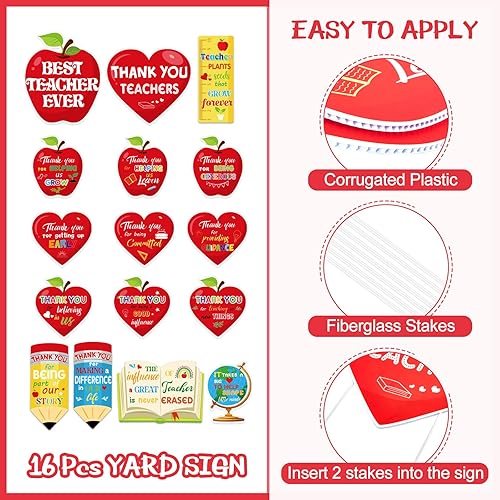 Miniatura 5 de 16 letreros de agradecimiento para el patio del primer día de escuela, con 32 estacas para el agradecimiento al profesor y el personal, decoración