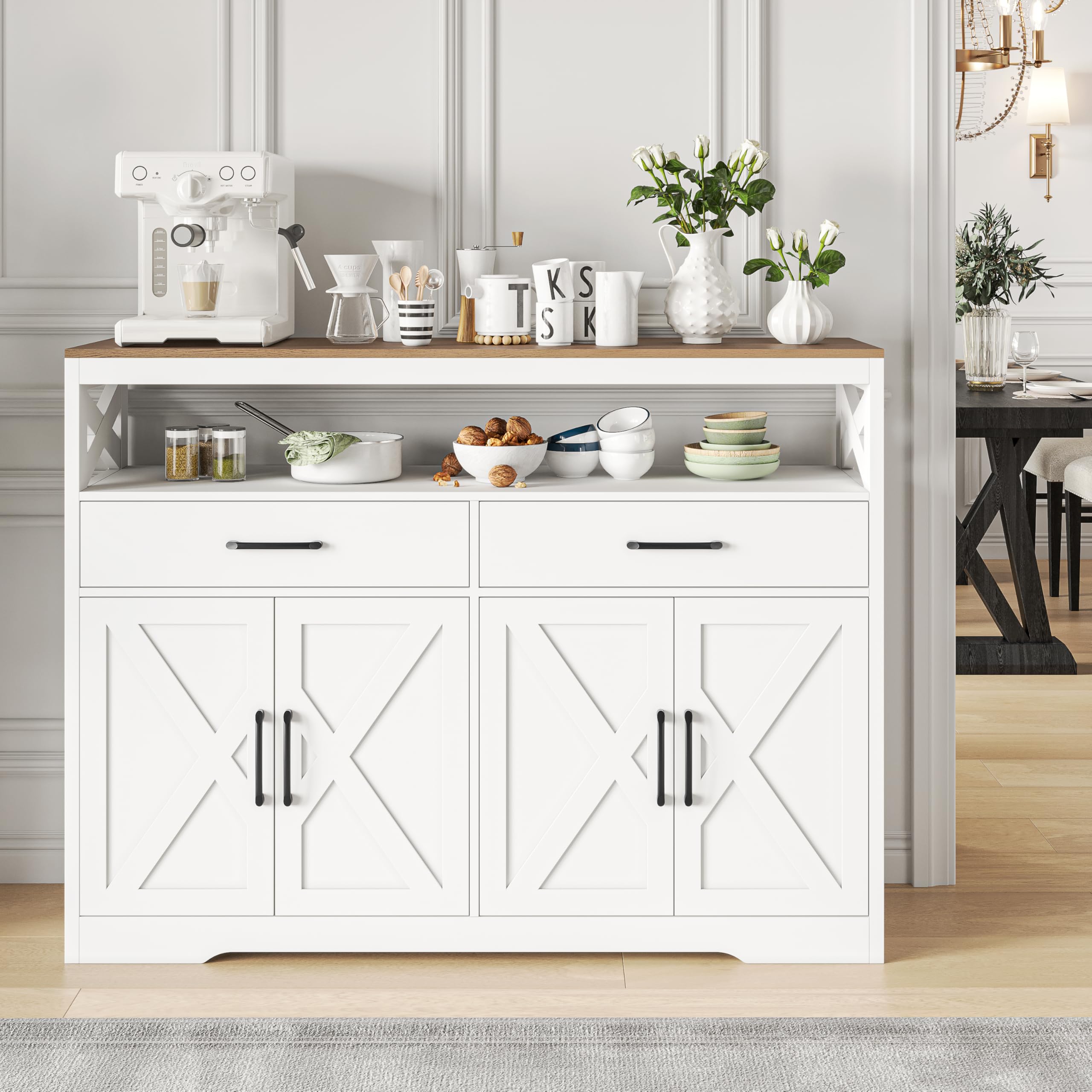 Credenza bianca, larghezza 140 cm, con cassetti e ripiano aperto, armadio da cucina con 2 cassetti e 4 ante, credenza cucina con piano di lavoro, buffet per soggiorno, cucina, corridoio