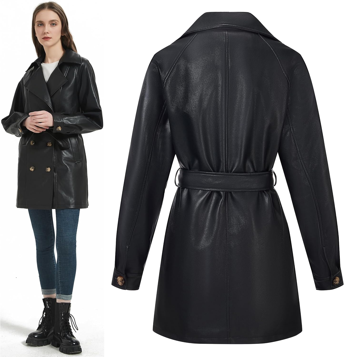 RISISSIDA Women Faux Leather Blazer Jacket,Spring Fall Vegan Pleather Soft Casual Lapel Button Down Coat - Image 6