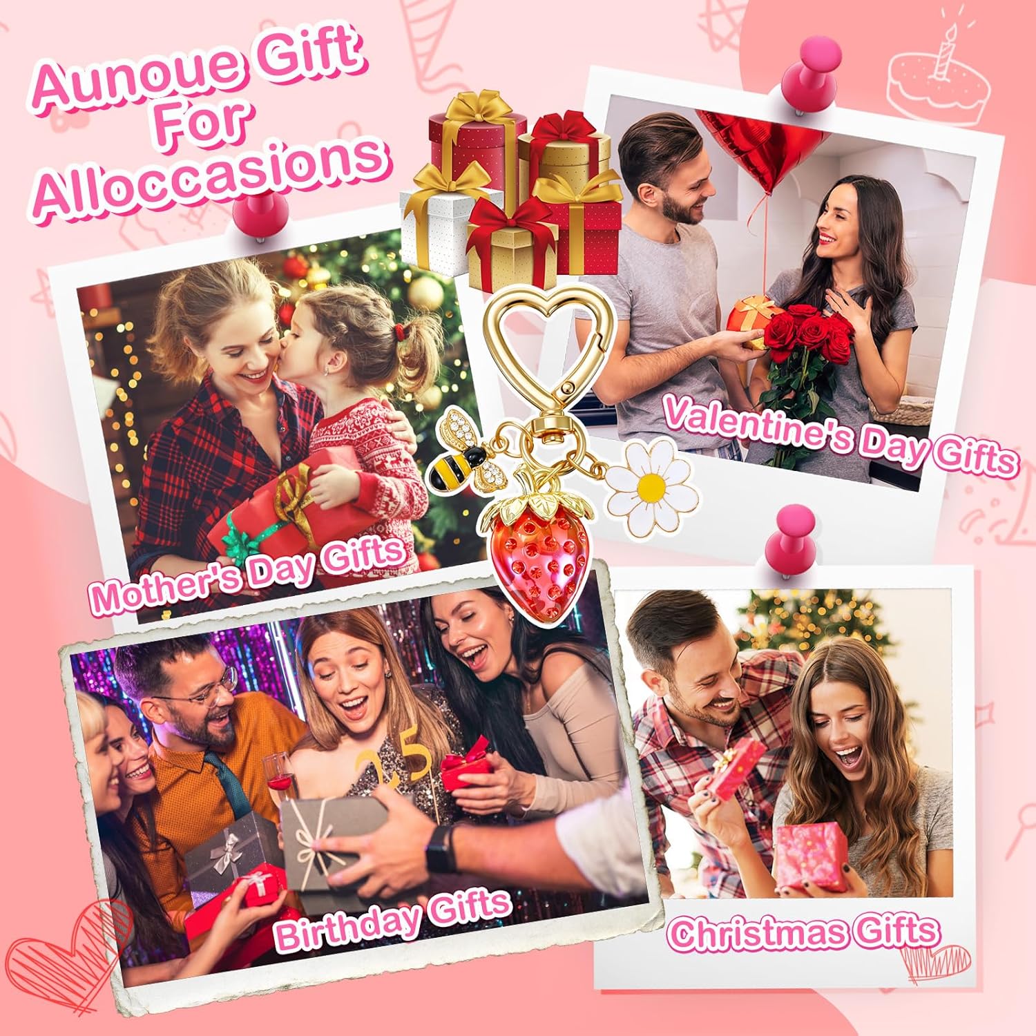 2PCS Cute Strawberry Keychain Bag Charms Purse Key Chains Accessories Charm for Women Kawaii Heart Flower Daisy Key Chains Decor for Girls Purse Gift - Image 7